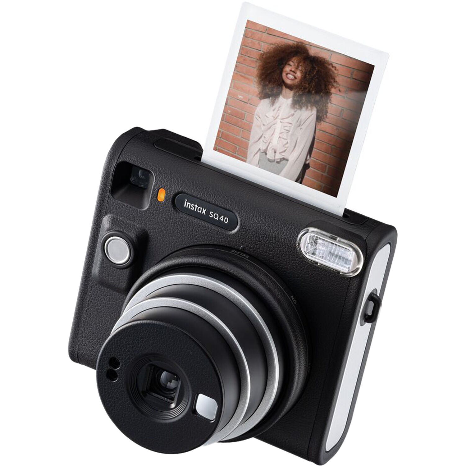 Fujifilm Instax Square SQ40 instant film camera in black, showing the square-format lens, built-in flash, selfie mirror on the lens ring, and a credit-card-sized print emerging from the top.
