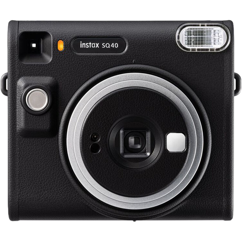 Fujifilm Instax Square SQ40 instant film camera in black, showing the square-format lens, built-in flash, selfie mirror on the lens ring, and a credit-card-sized print emerging from the top.