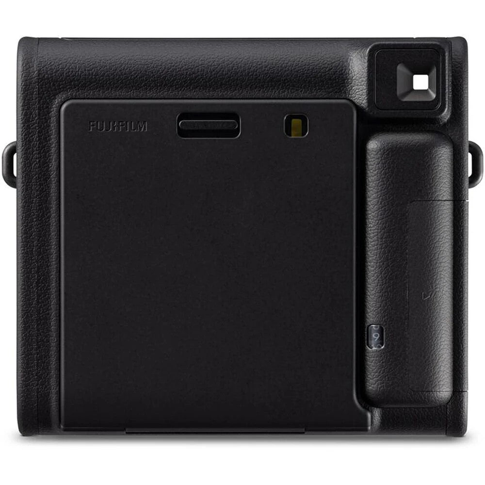 Fujifilm Instax Square SQ40 instant film camera in black, showing the square-format lens, built-in flash, selfie mirror on the lens ring, and a credit-card-sized print emerging from the top.