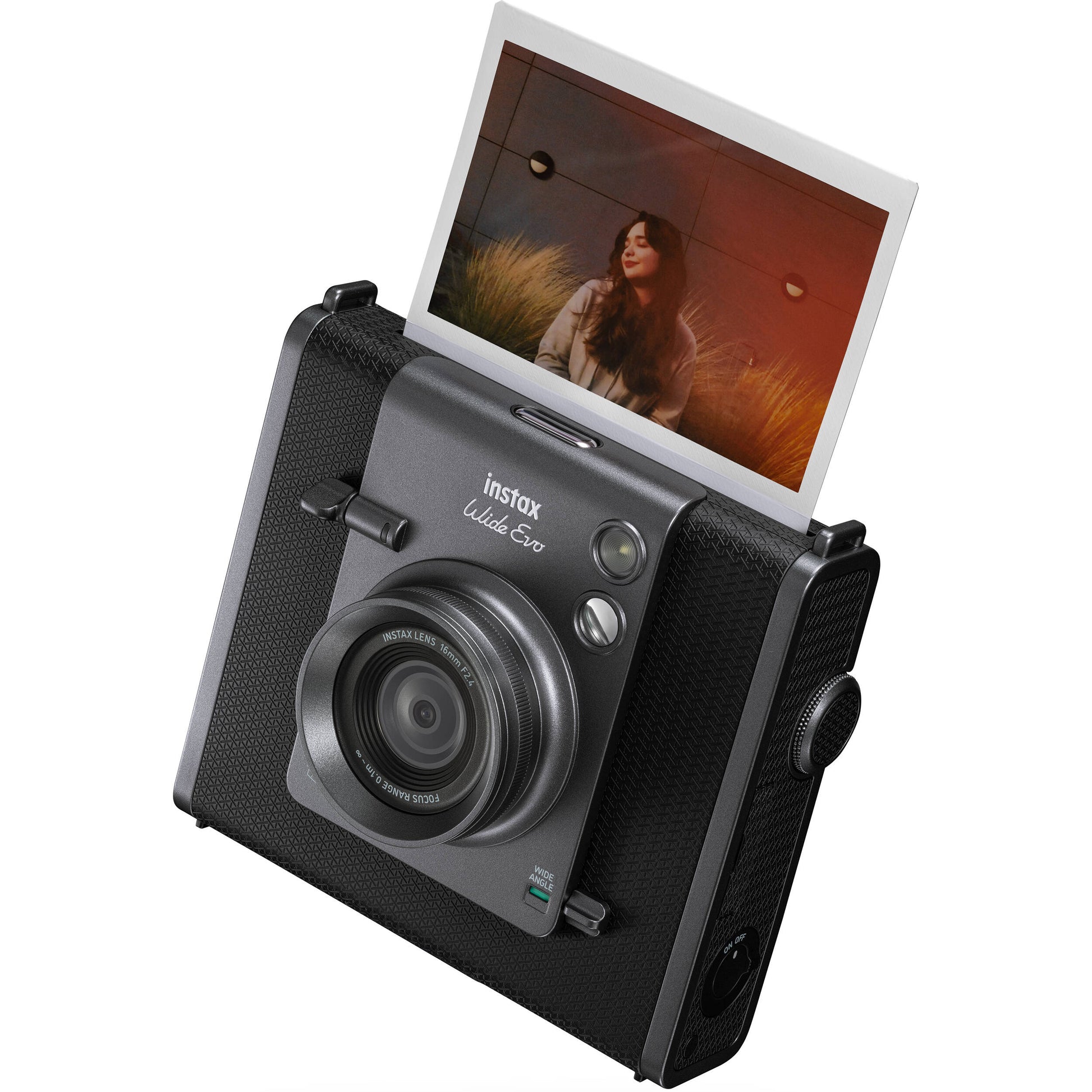 Fujifilm Instax Wide Evo hybrid instant camera with 16MP 1/3-inch CMOS sensor, fixed 16mm f/2.4 wide-angle lens, 10 lens and film effects, selfie mirror, built-in flash, tripod mount, and USB-C charging.