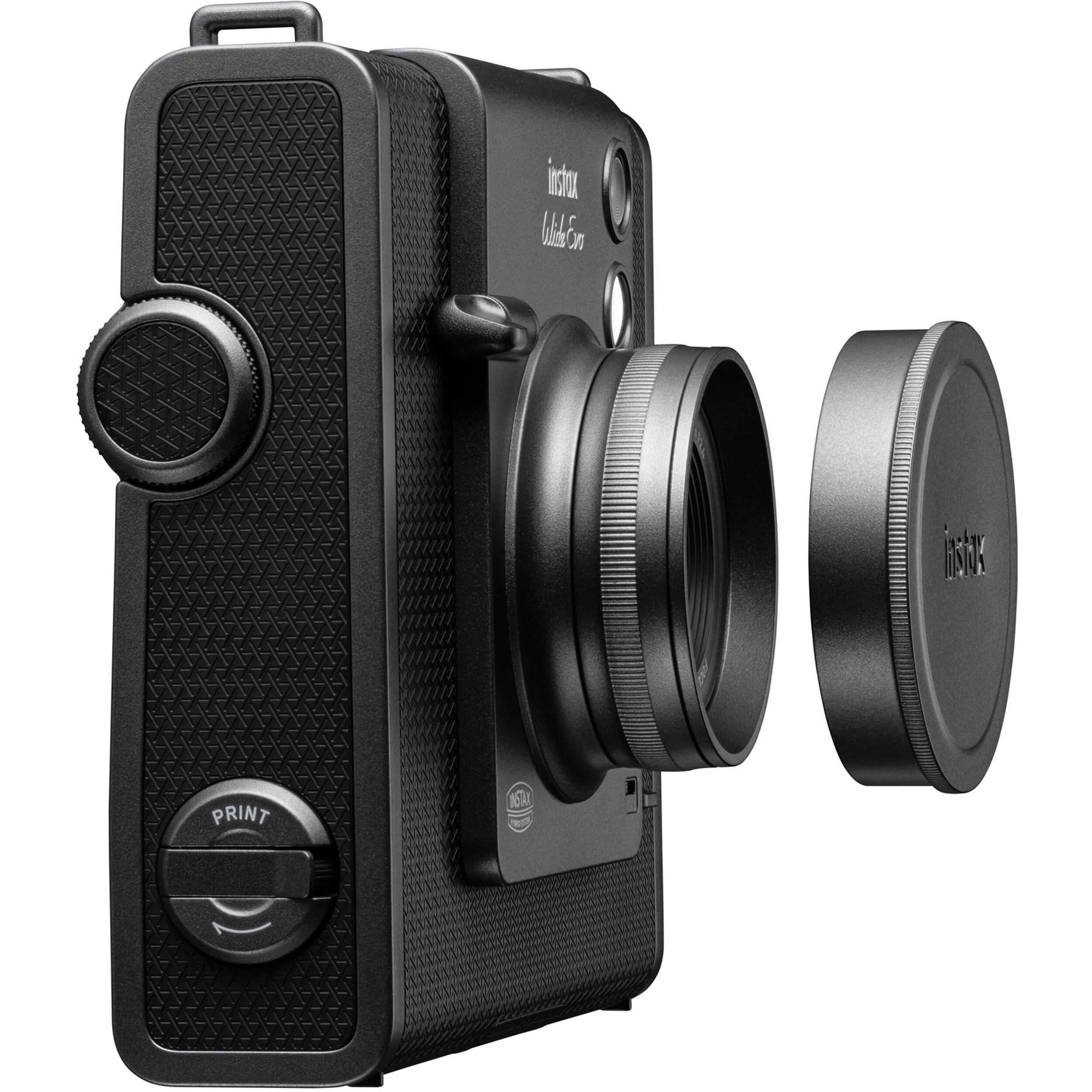 Fujifilm Instax Wide Evo hybrid instant camera with 16MP 1/3-inch CMOS sensor, fixed 16mm f/2.4 wide-angle lens, 10 lens and film effects, selfie mirror, built-in flash, tripod mount, and USB-C charging.