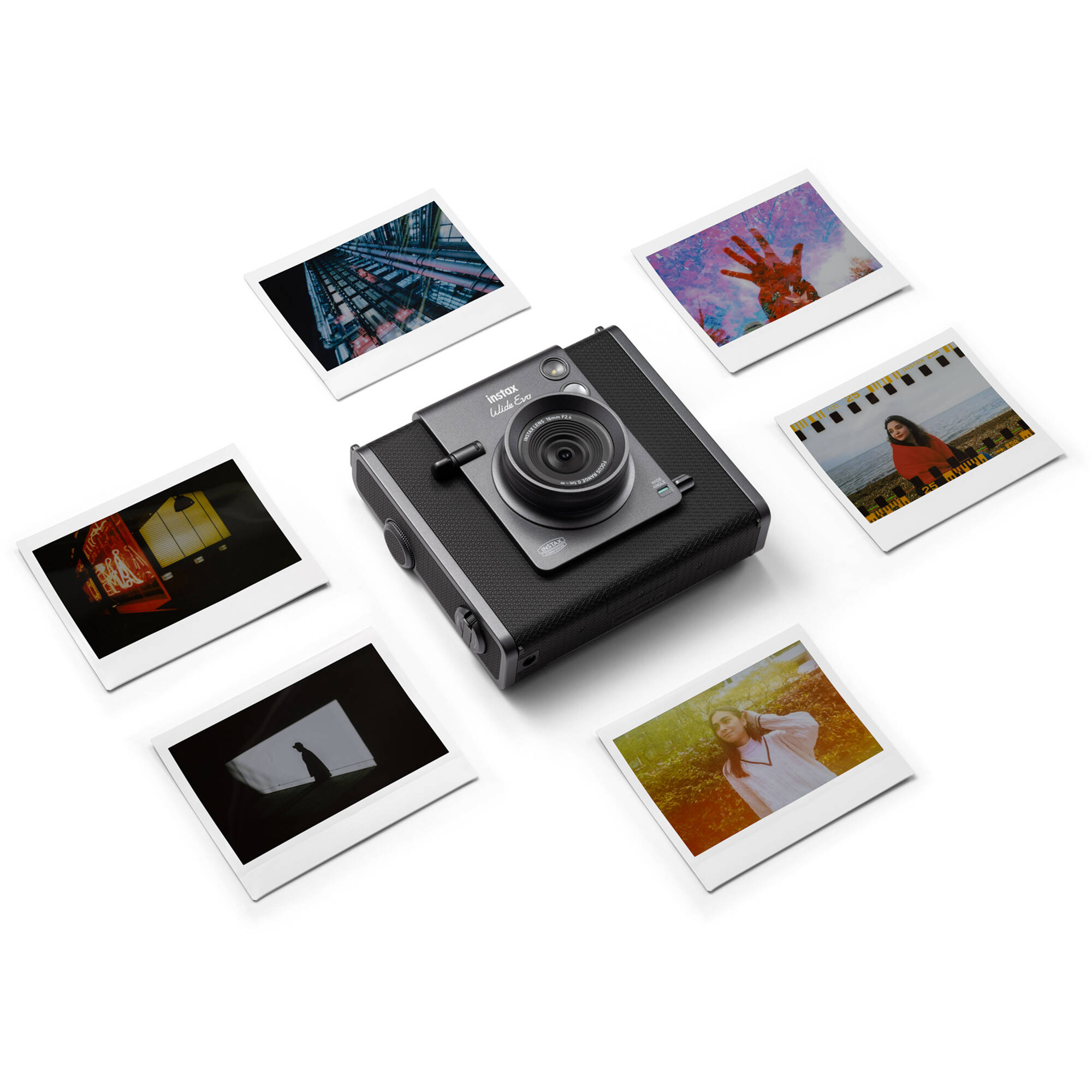 Fujifilm Instax Wide Evo hybrid instant camera with 16MP 1/3-inch CMOS sensor, fixed 16mm f/2.4 wide-angle lens, 10 lens and film effects, selfie mirror, built-in flash, tripod mount, and USB-C charging.