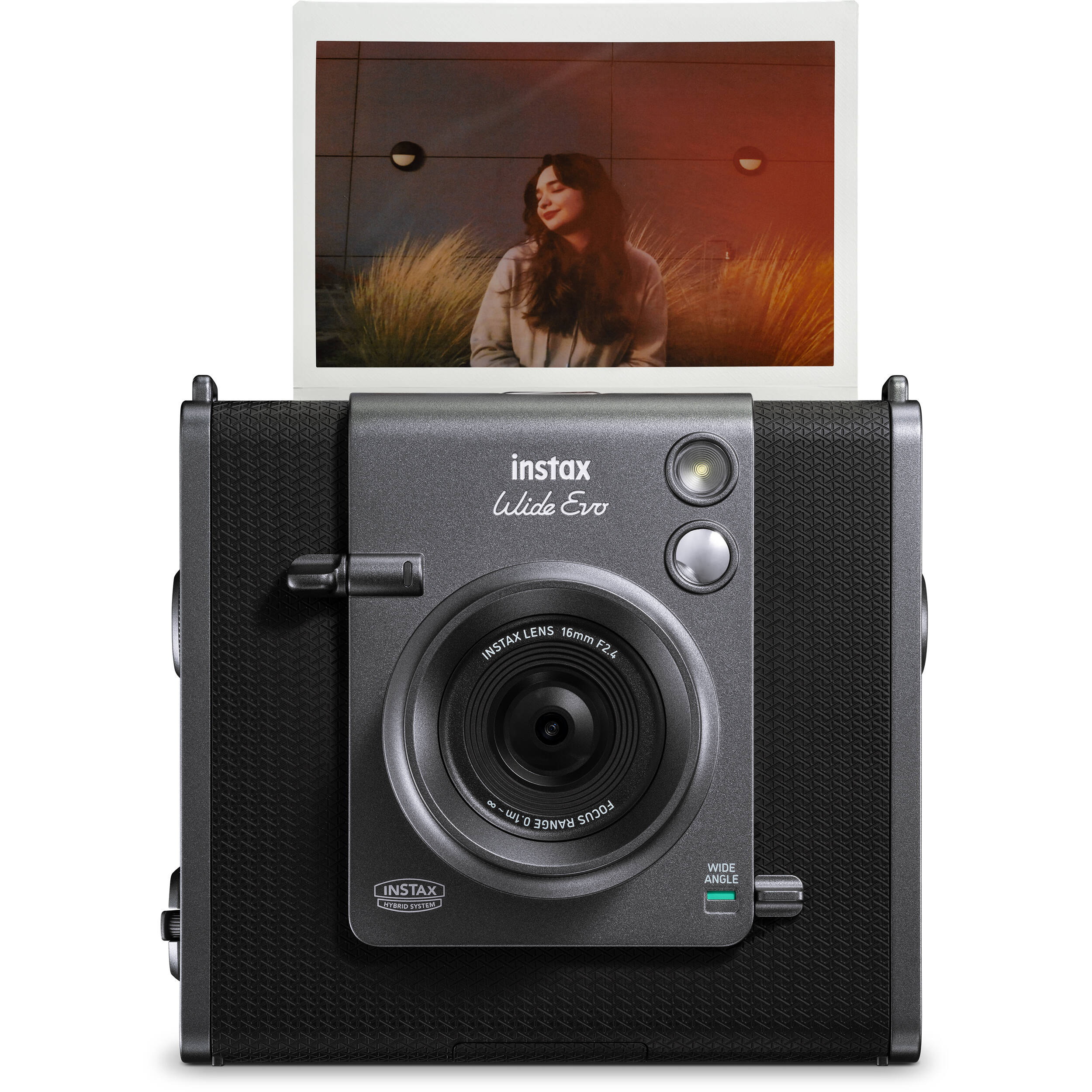Fujifilm Instax Wide Evo hybrid instant camera with 16MP 1/3-inch CMOS sensor, fixed 16mm f/2.4 wide-angle lens, 10 lens and film effects, selfie mirror, built-in flash, tripod mount, and USB-C charging.