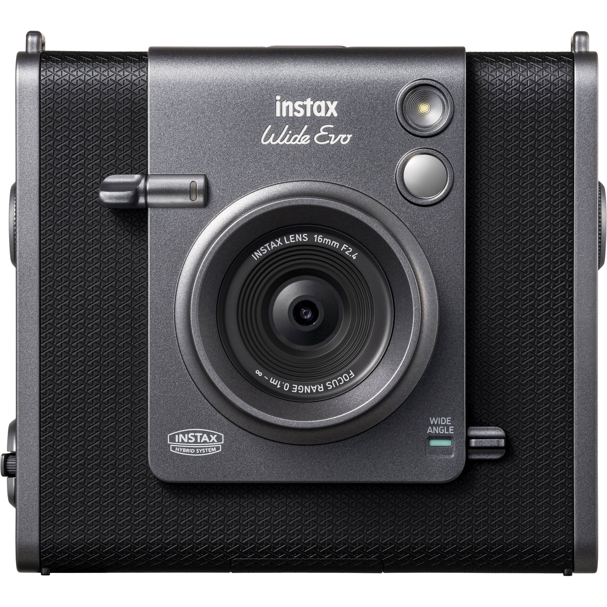 Fujifilm Instax Wide Evo hybrid instant camera with 16MP 1/3-inch CMOS sensor, fixed 16mm f/2.4 wide-angle lens, 10 lens and film effects, selfie mirror, built-in flash, tripod mount, and USB-C charging.