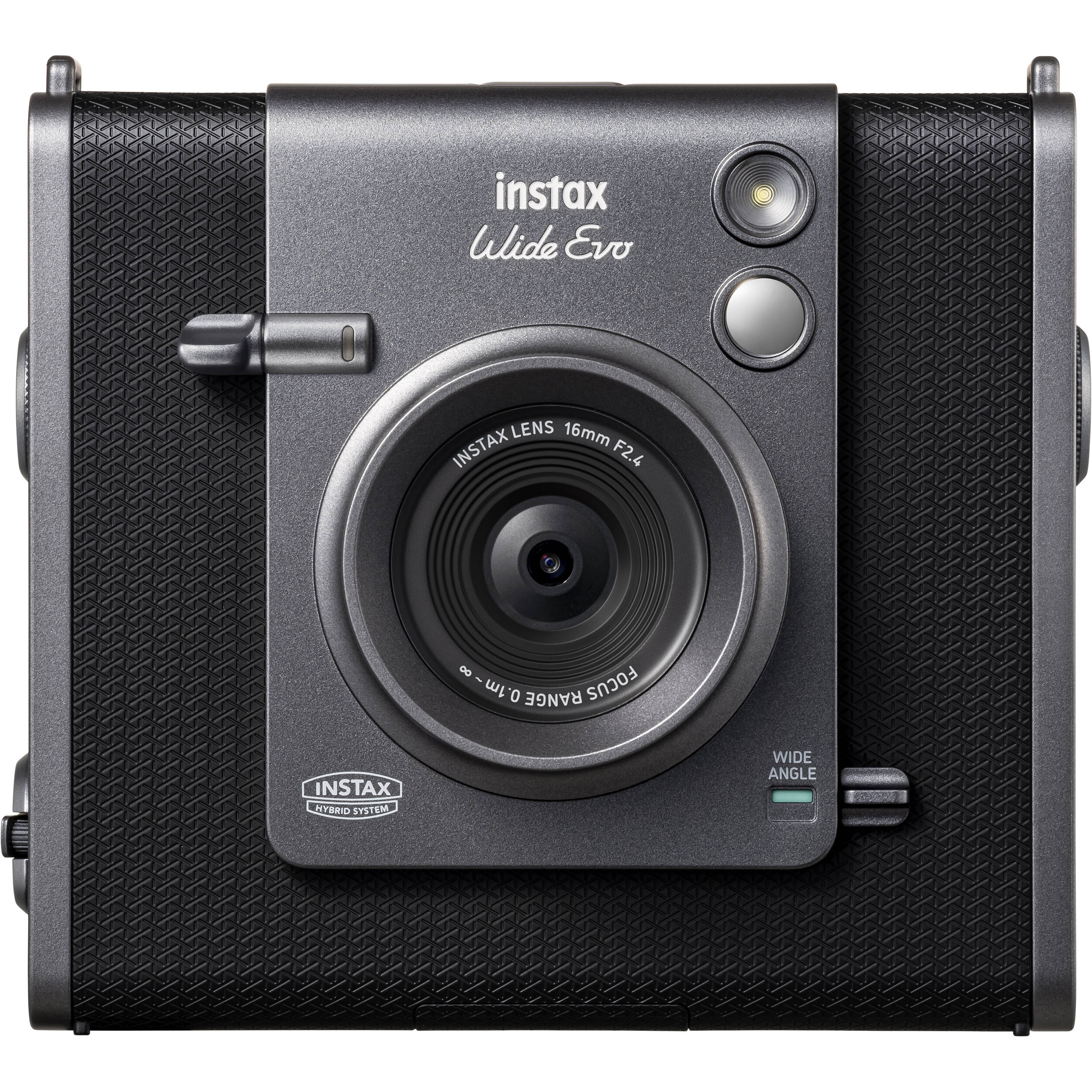 Fujifilm Instax Wide Evo hybrid instant camera with 16MP 1/3-inch CMOS sensor, fixed 16mm f/2.4 wide-angle lens, 10 lens and film effects, selfie mirror, built-in flash, tripod mount, and USB-C charging.