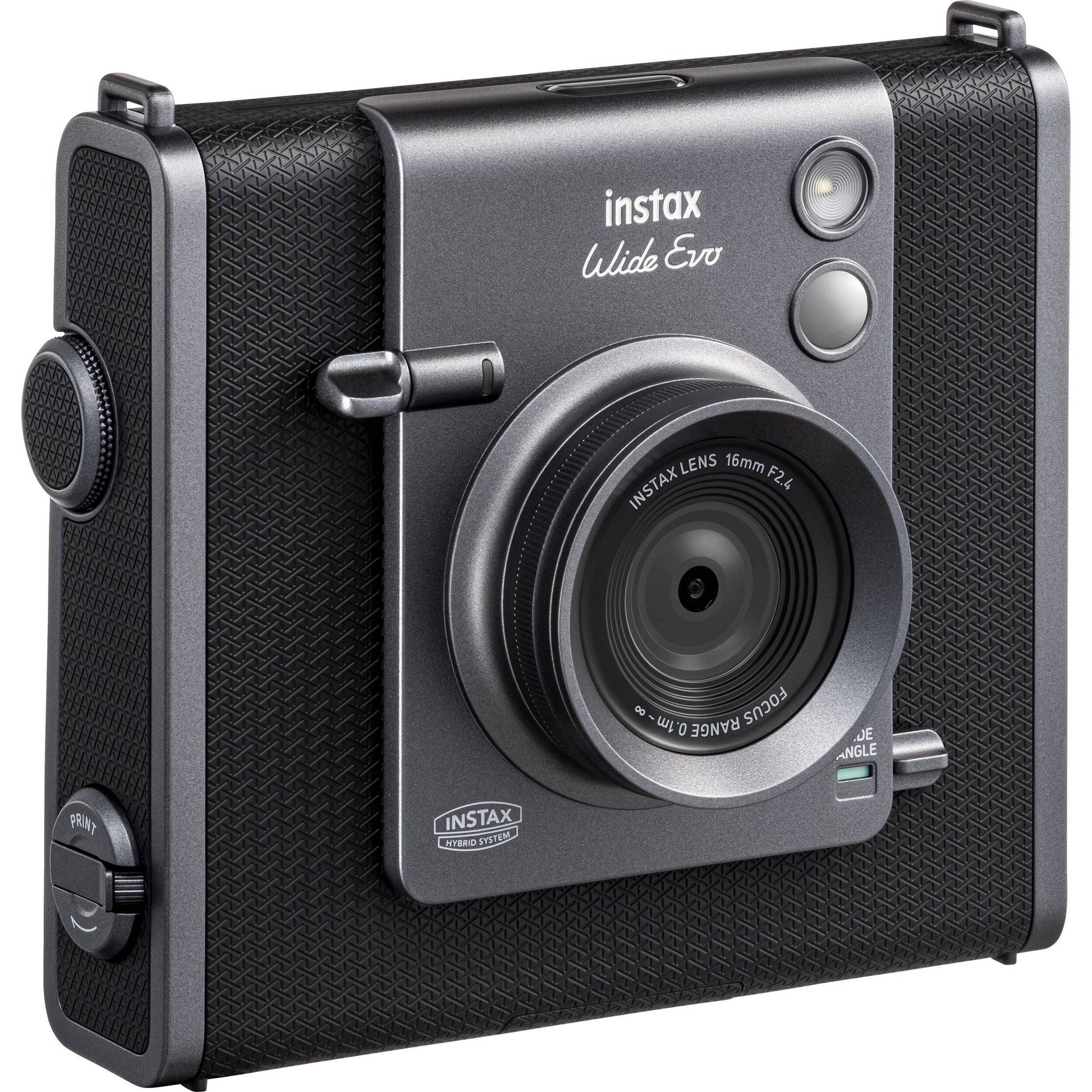 Fujifilm Instax Wide Evo hybrid instant camera with 16MP 1/3-inch CMOS sensor, fixed 16mm f/2.4 wide-angle lens, 10 lens and film effects, selfie mirror, built-in flash, tripod mount, and USB-C charging.