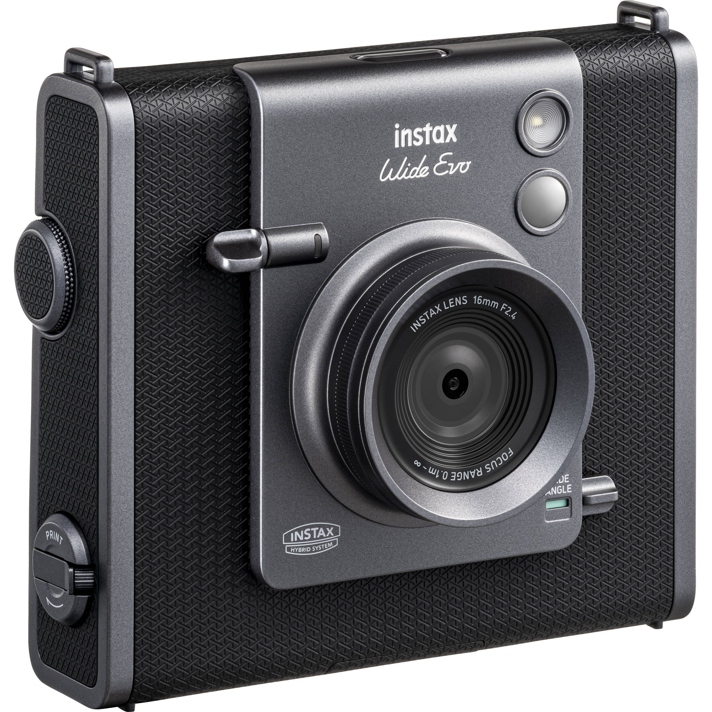 Fujifilm Instax Wide Evo hybrid instant camera with 16MP 1/3-inch CMOS sensor, fixed 16mm f/2.4 wide-angle lens, 10 lens and film effects, selfie mirror, built-in flash, tripod mount, and USB-C charging.