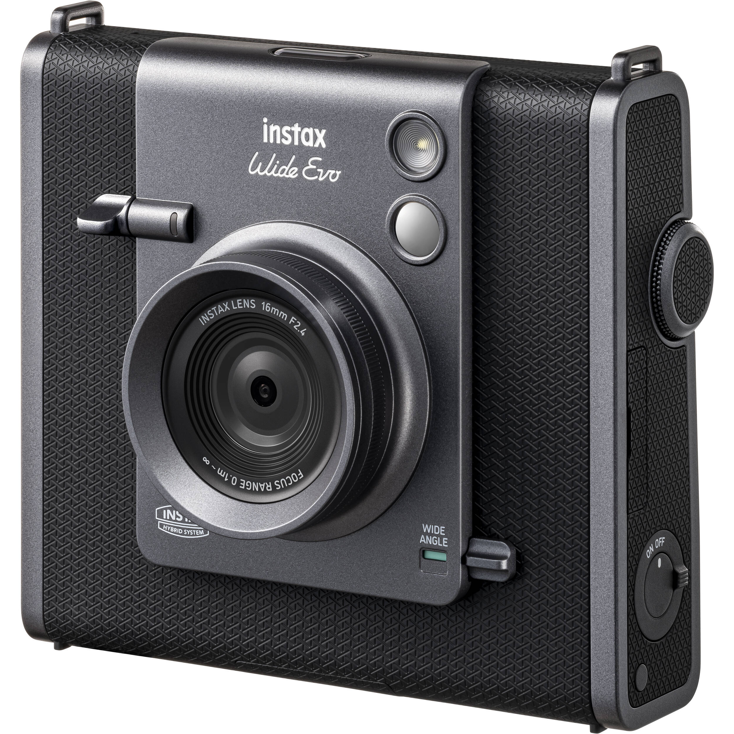 Fujifilm Instax Wide Evo hybrid instant camera with 16MP 1/3-inch CMOS sensor, fixed 16mm f/2.4 wide-angle lens, 10 lens and film effects, selfie mirror, built-in flash, tripod mount, and USB-C charging.