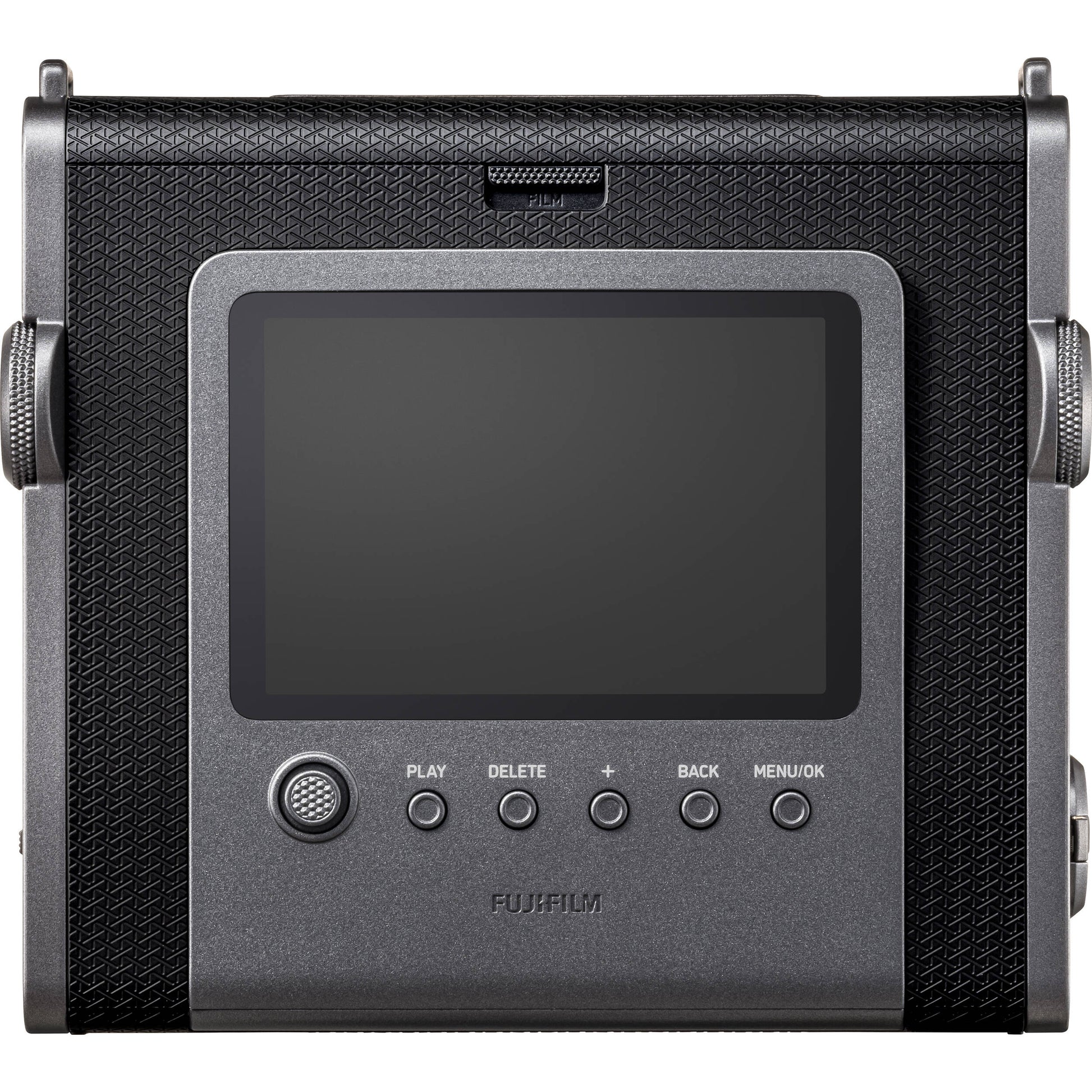 Fujifilm Instax Wide Evo hybrid instant camera with 16MP 1/3-inch CMOS sensor, fixed 16mm f/2.4 wide-angle lens, 10 lens and film effects, selfie mirror, built-in flash, tripod mount, and USB-C charging.