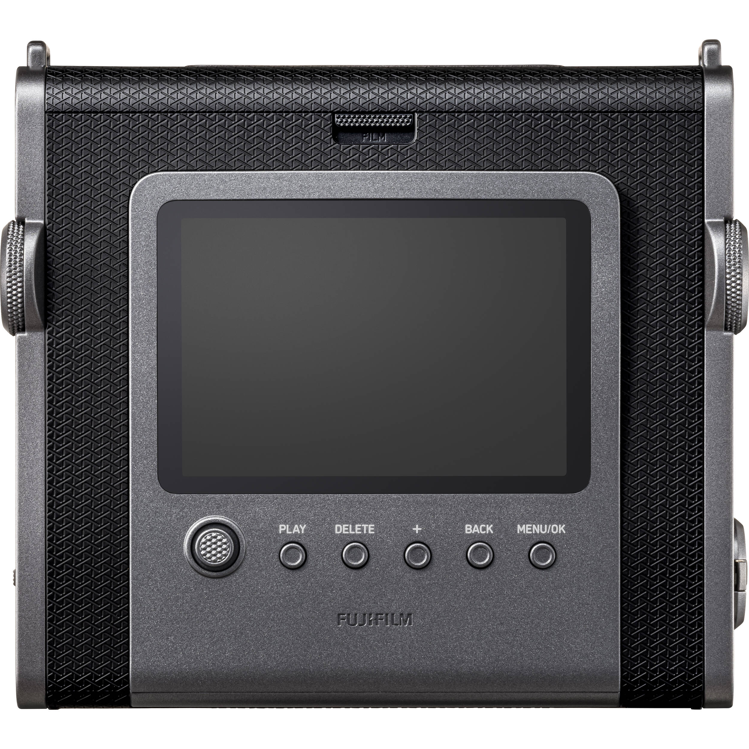 Fujifilm Instax Wide Evo hybrid instant camera with 16MP 1/3-inch CMOS sensor, fixed 16mm f/2.4 wide-angle lens, 10 lens and film effects, selfie mirror, built-in flash, tripod mount, and USB-C charging.