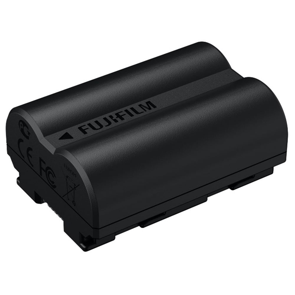 Black Fujifilm battery on a white background