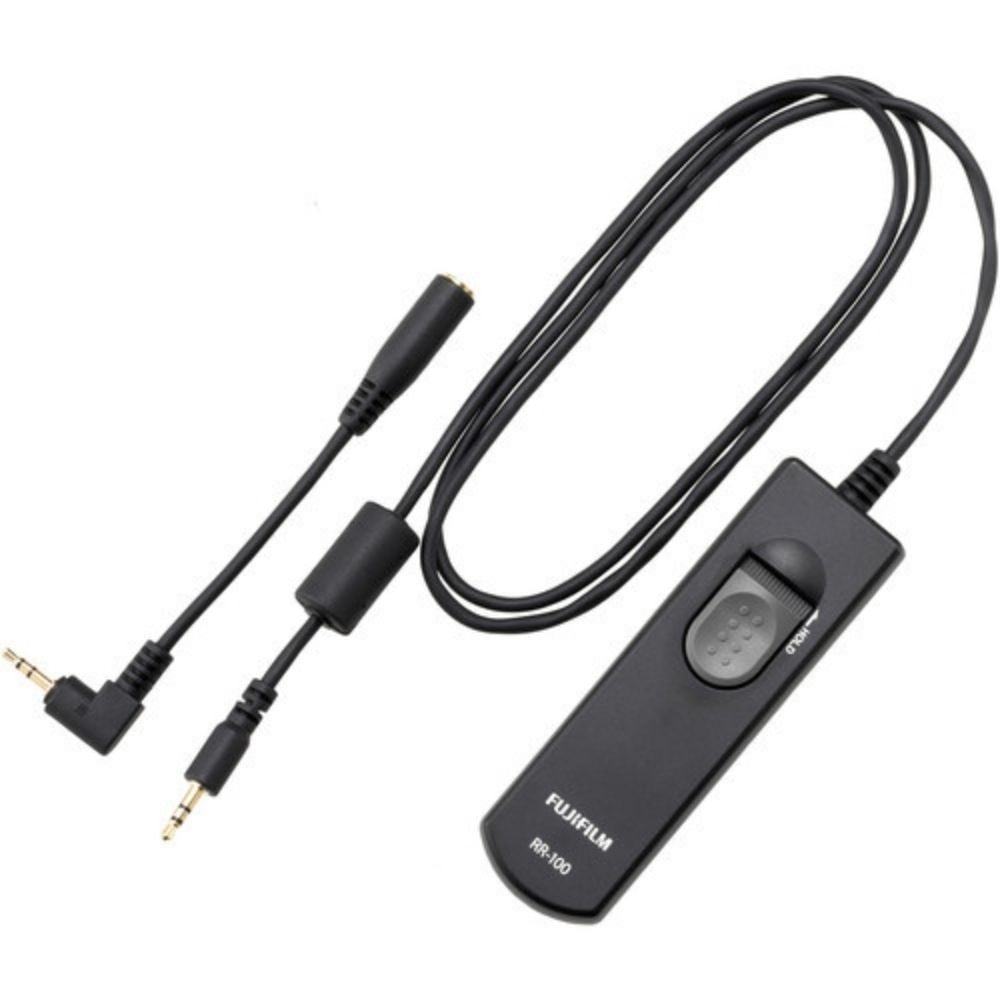 Fujifilm RR-100 wired remote release with locking switch and L-shaped 2.5mm plug extension cable, compatible with select Fujifilm X and GFX series cameras