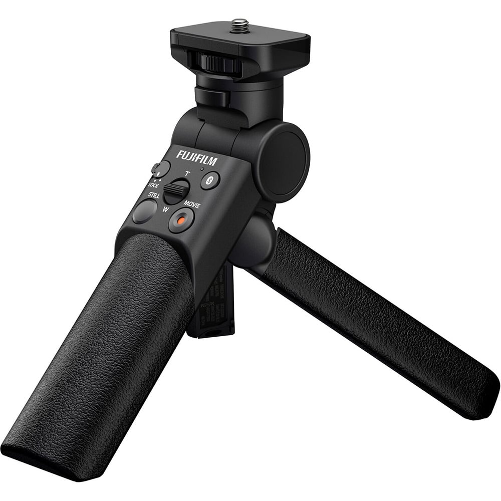 Fujifilm TG-BT1 tripod grip with Bluetooth remote, flexible tilt, weather resistant design, and integrated tripod legs for stable low-angle and selfie shots"