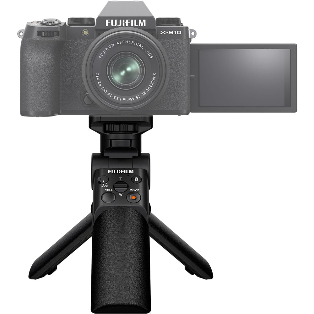 Fujifilm TG-BT1 tripod grip with Bluetooth remote, flexible tilt, weather resistant design, and integrated tripod legs for stable low-angle and selfie shots"