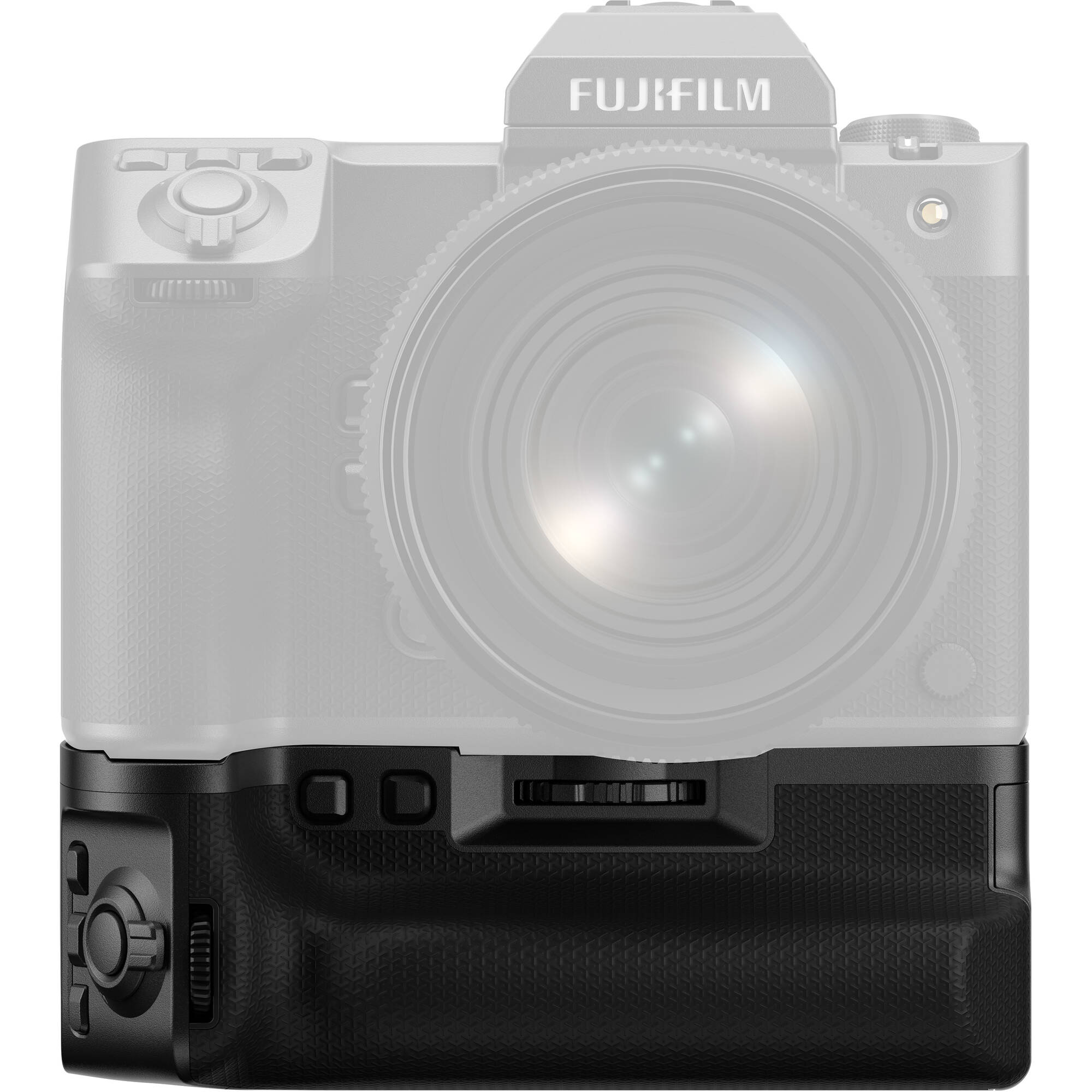 Fujifilm VG-GFX100II vertical battery grip for GFX100 II camera, holding two NP-W235 batteries with ergonomic buttons and weather-resistant design