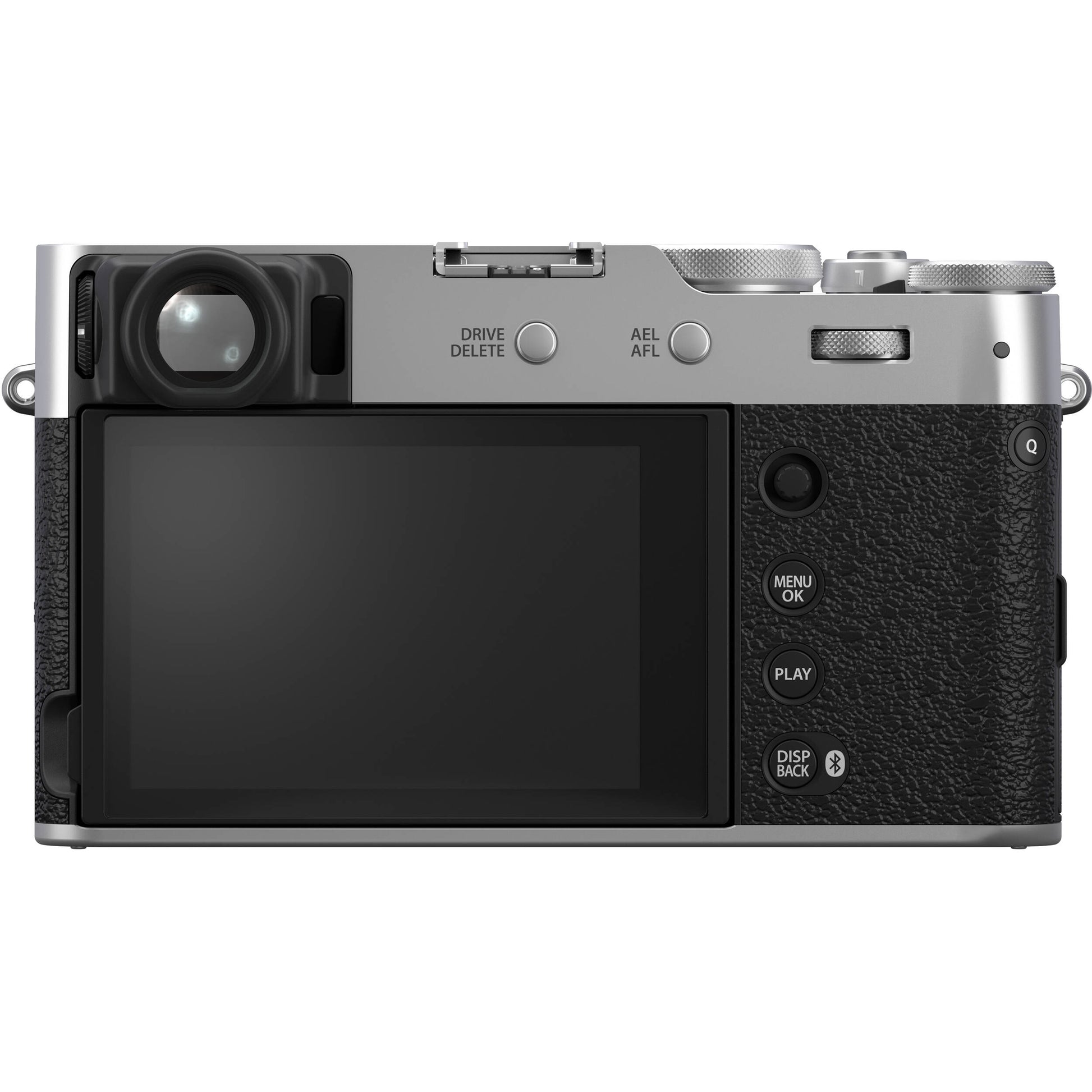 Fujifilm X100VI silver compact camera with 40.2MP APS-C X-Trans CMOS 5 HR sensor, 23mm f/2 fixed lens, 5-axis in-body image stabilization, hybrid optical/electronic viewfinder, 6.2K video recording, and 3-inch tilting touchscreen.