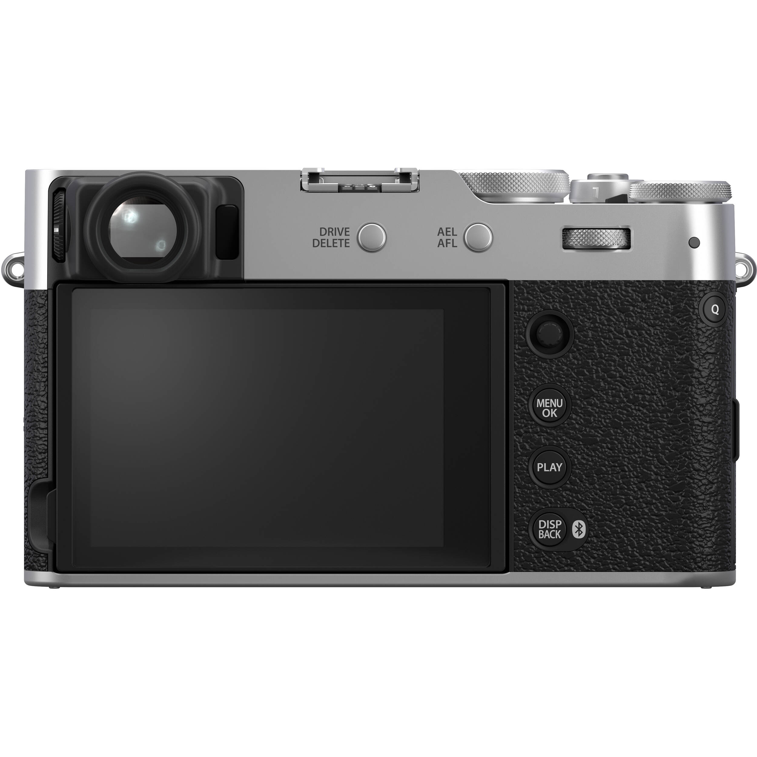 Fujifilm X100VI silver compact camera with 40.2MP APS-C X-Trans CMOS 5 HR sensor, 23mm f/2 fixed lens, 5-axis in-body image stabilization, hybrid optical/electronic viewfinder, 6.2K video recording, and 3-inch tilting touchscreen.