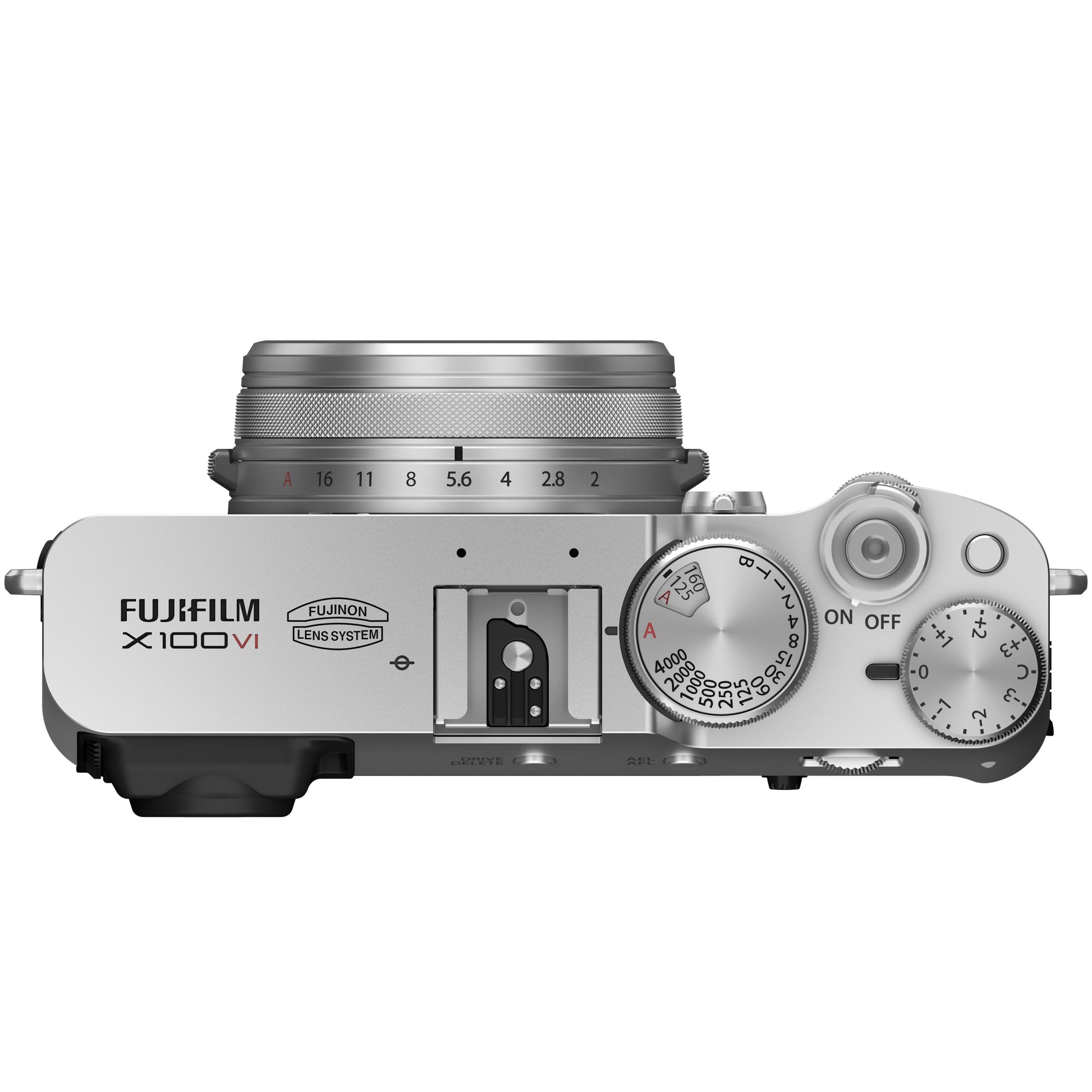 Fujifilm X100VI silver compact camera with 40.2MP APS-C X-Trans CMOS 5 HR sensor, 23mm f/2 fixed lens, 5-axis in-body image stabilization, hybrid optical/electronic viewfinder, 6.2K video recording, and 3-inch tilting touchscreen.