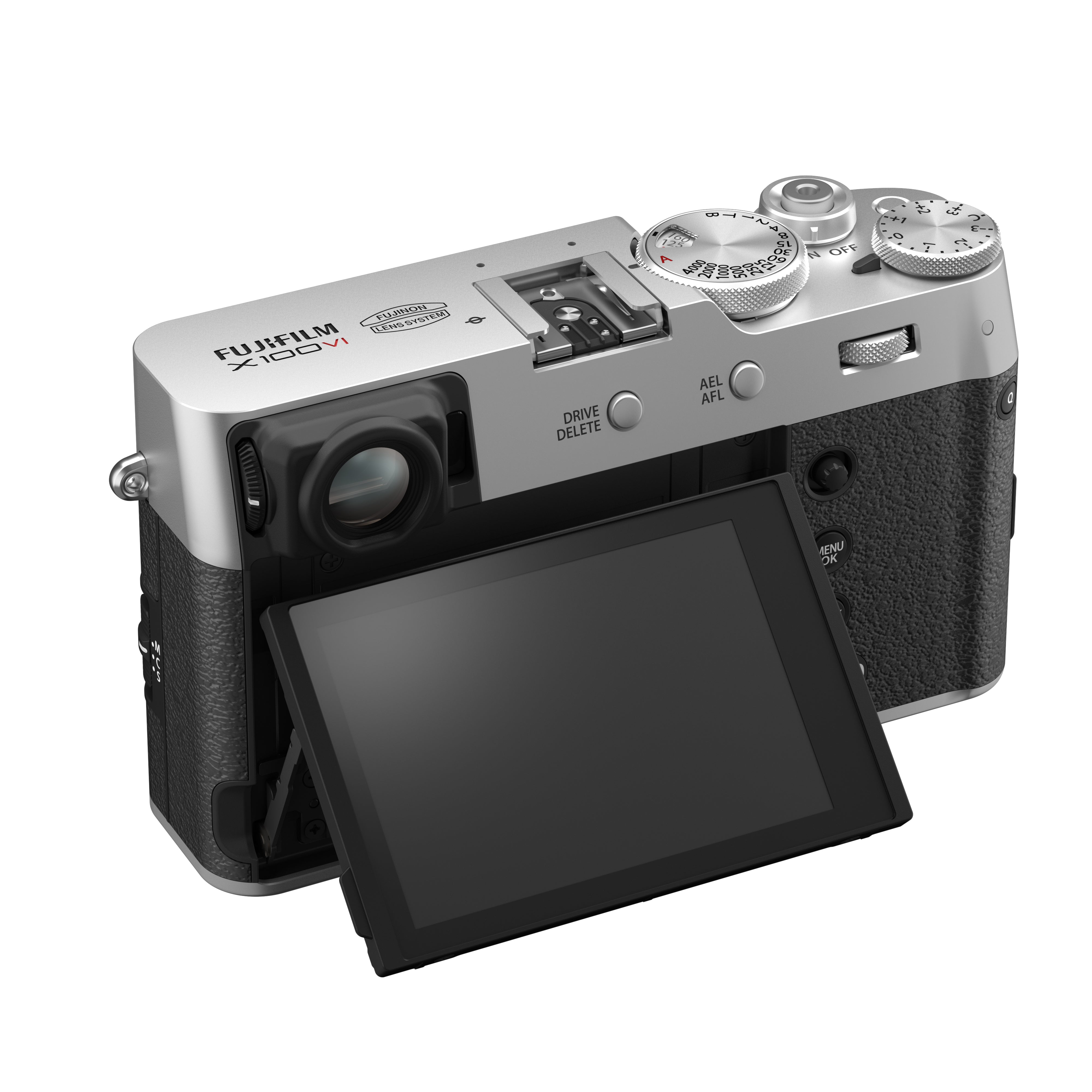 Fujifilm X100VI silver compact camera with 40.2MP APS-C X-Trans CMOS 5 HR sensor, 23mm f/2 fixed lens, 5-axis in-body image stabilization, hybrid optical/electronic viewfinder, 6.2K video recording, and 3-inch tilting touchscreen.