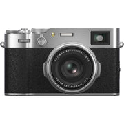 Fujifilm X100VI silver compact camera with 40.2MP APS-C X-Trans CMOS 5 HR sensor, 23mm f/2 fixed lens, 5-axis in-body image stabilization, hybrid optical/electronic viewfinder, 6.2K video recording, and 3-inch tilting touchscreen.