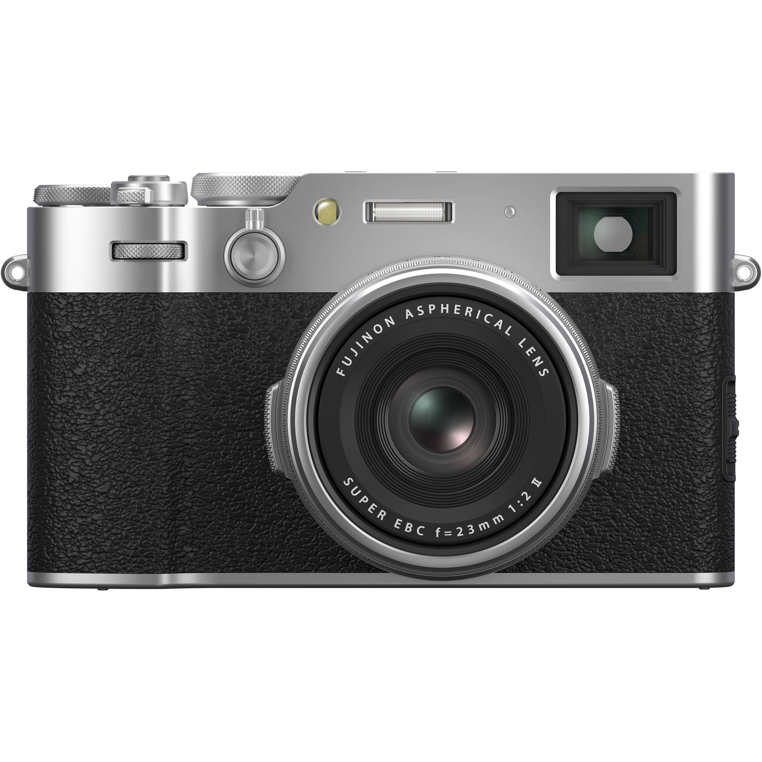 Fujifilm X100VI silver compact camera with 40.2MP APS-C X-Trans CMOS 5 HR sensor, 23mm f/2 fixed lens, 5-axis in-body image stabilization, hybrid optical/electronic viewfinder, 6.2K video recording, and 3-inch tilting touchscreen.
