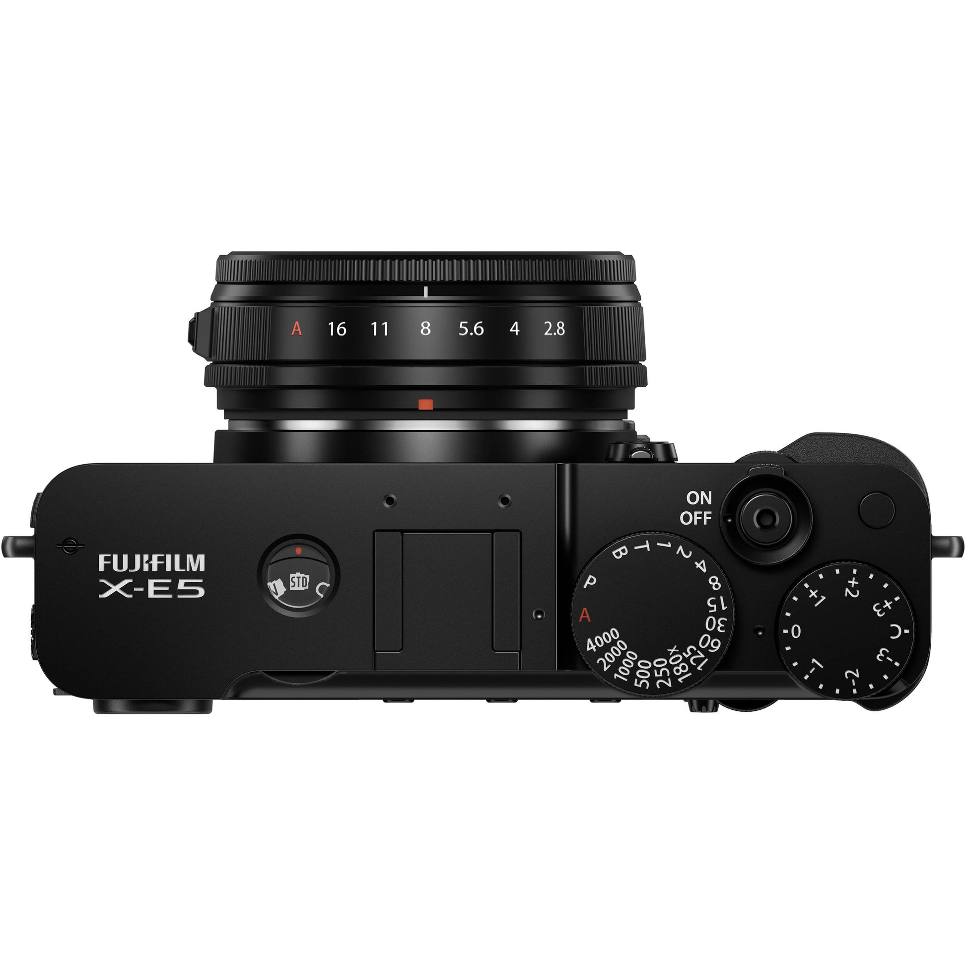 Fujifilm X-E5 black mirrorless camera with XF 23mm f/2.8 R WR compact weather-resistant pancake lens, 40.2MP APS-C sensor, fast autofocus, and 6.2K video recording