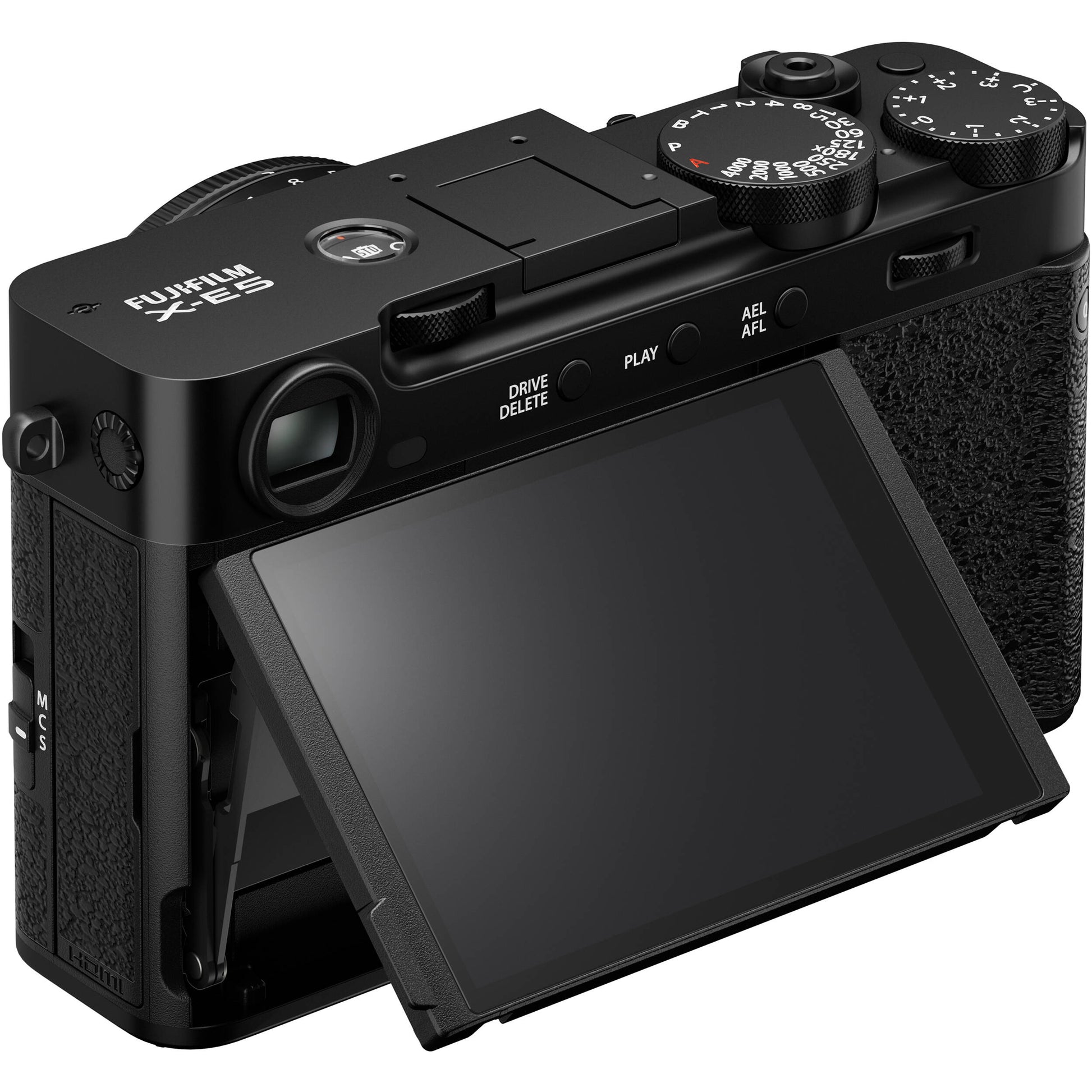 Fujifilm X-E5 black mirrorless camera with XF 23mm f/2.8 R WR compact weather-resistant pancake lens, 40.2MP APS-C sensor, fast autofocus, and 6.2K video recording