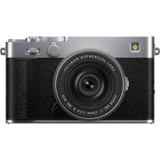 Fujifilm X-E5 silver mirrorless camera with XF 23mm f/2.8 R WR compact weather-resistant pancake lens, 40.2MP APS-C sensor, fast autofocus, and 6.2K video recording