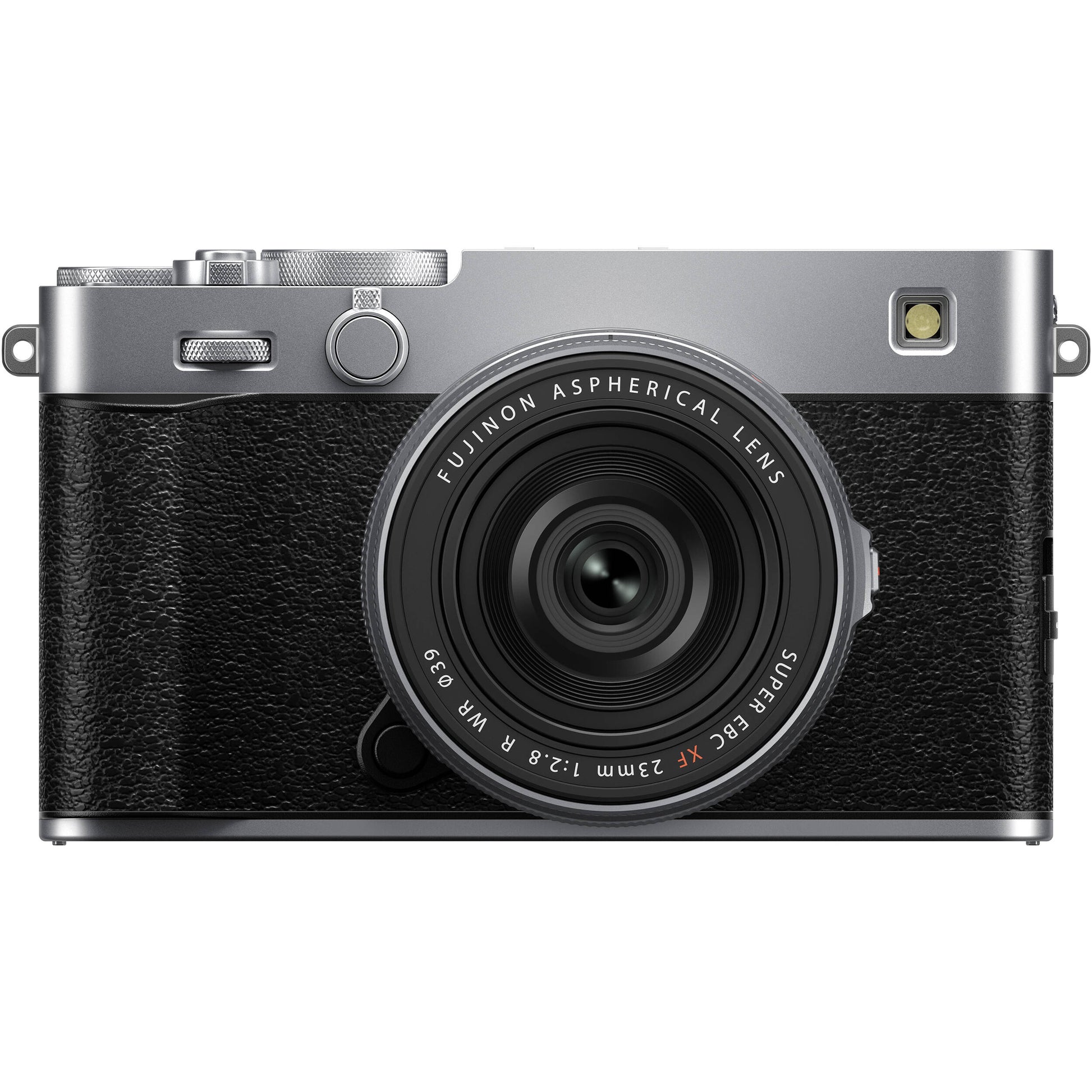 Fujifilm X-E5 silver mirrorless camera with XF 23mm f/2.8 R WR compact weather-resistant pancake lens, 40.2MP APS-C sensor, fast autofocus, and 6.2K video recording