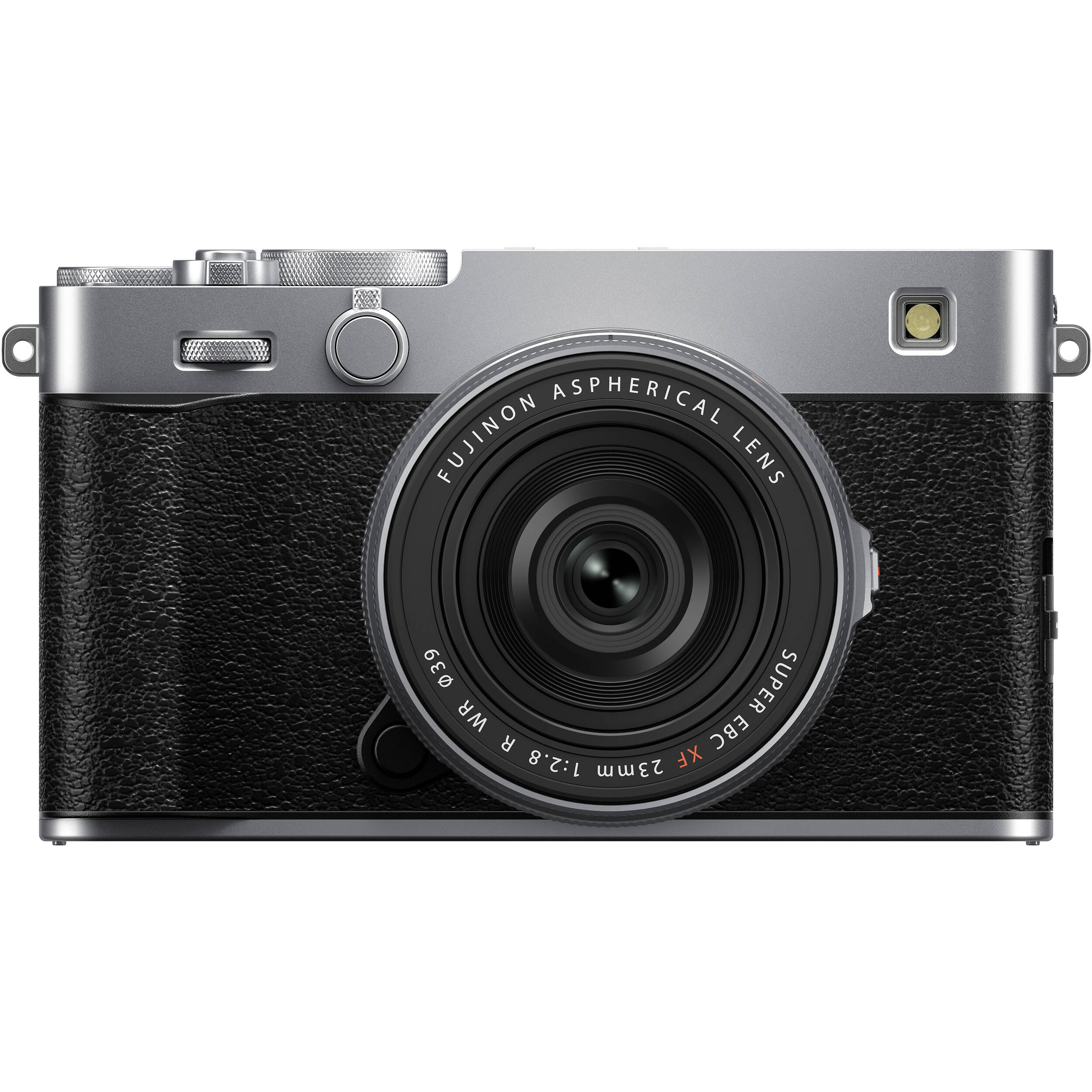 Fujifilm X-E5 silver mirrorless camera with XF 23mm f/2.8 R WR compact weather-resistant pancake lens, 40.2MP APS-C sensor, fast autofocus, and 6.2K video recording