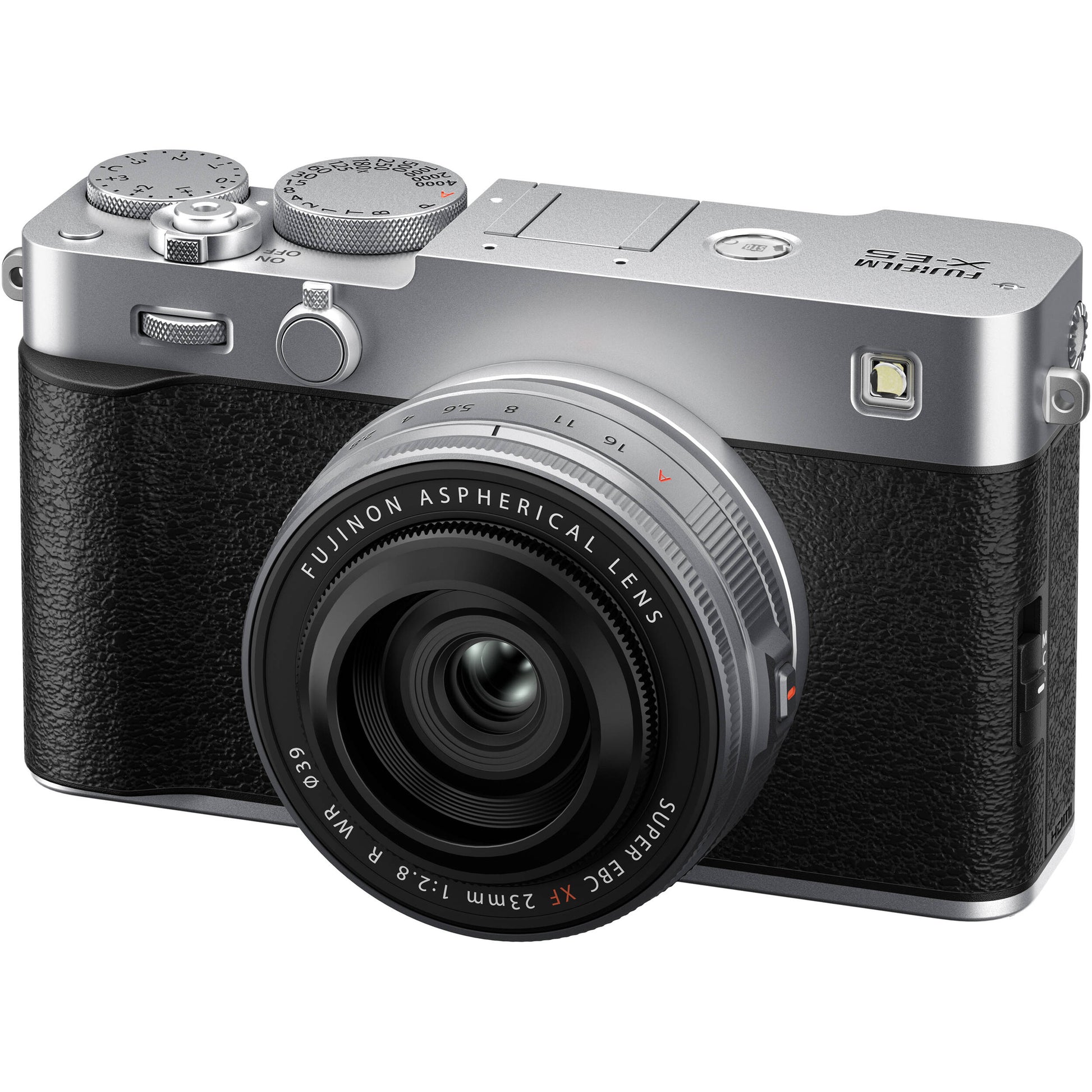 Fujifilm X-E5 silver mirrorless camera with XF 23mm f/2.8 R WR compact weather-resistant pancake lens, 40.2MP APS-C sensor, fast autofocus, and 6.2K video recording