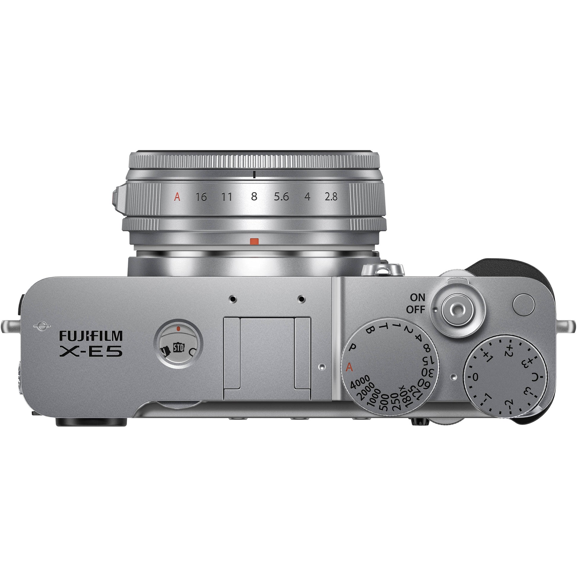 Fujifilm X-E5 silver mirrorless camera with XF 23mm f/2.8 R WR compact weather-resistant pancake lens, 40.2MP APS-C sensor, fast autofocus, and 6.2K video recording