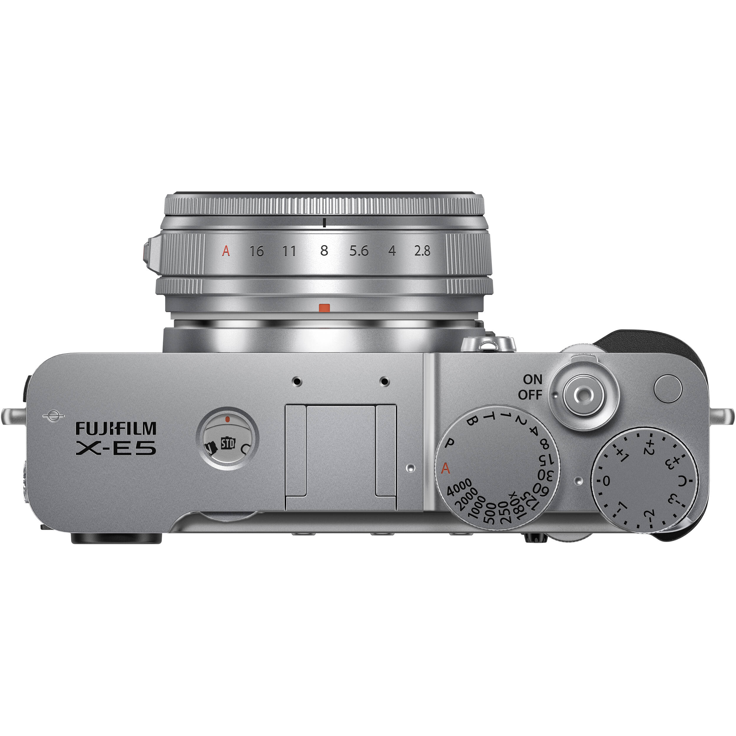 Fujifilm X-E5 silver mirrorless camera with XF 23mm f/2.8 R WR compact weather-resistant pancake lens, 40.2MP APS-C sensor, fast autofocus, and 6.2K video recording