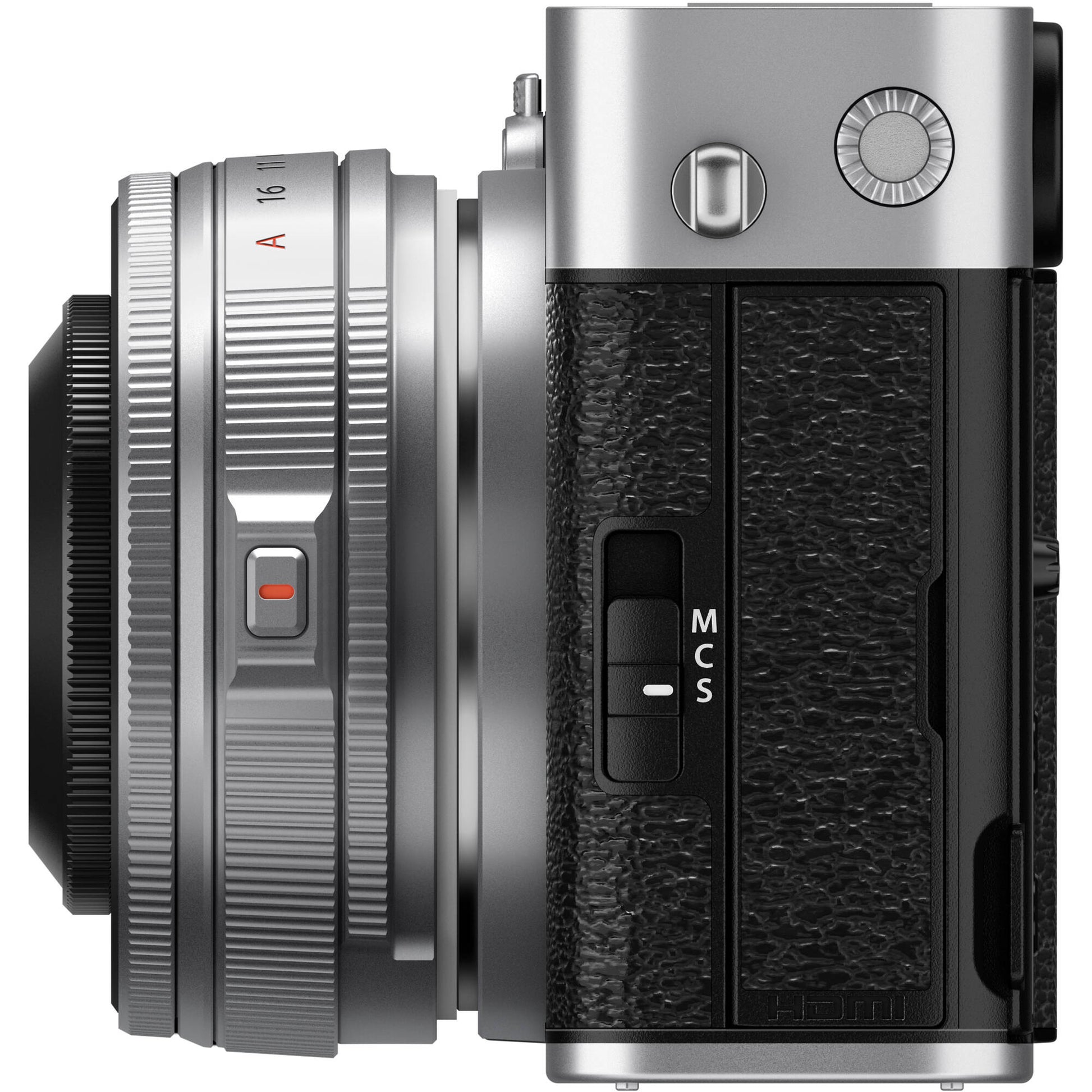 Fujifilm X-E5 silver mirrorless camera with XF 23mm f/2.8 R WR compact weather-resistant pancake lens, 40.2MP APS-C sensor, fast autofocus, and 6.2K video recording