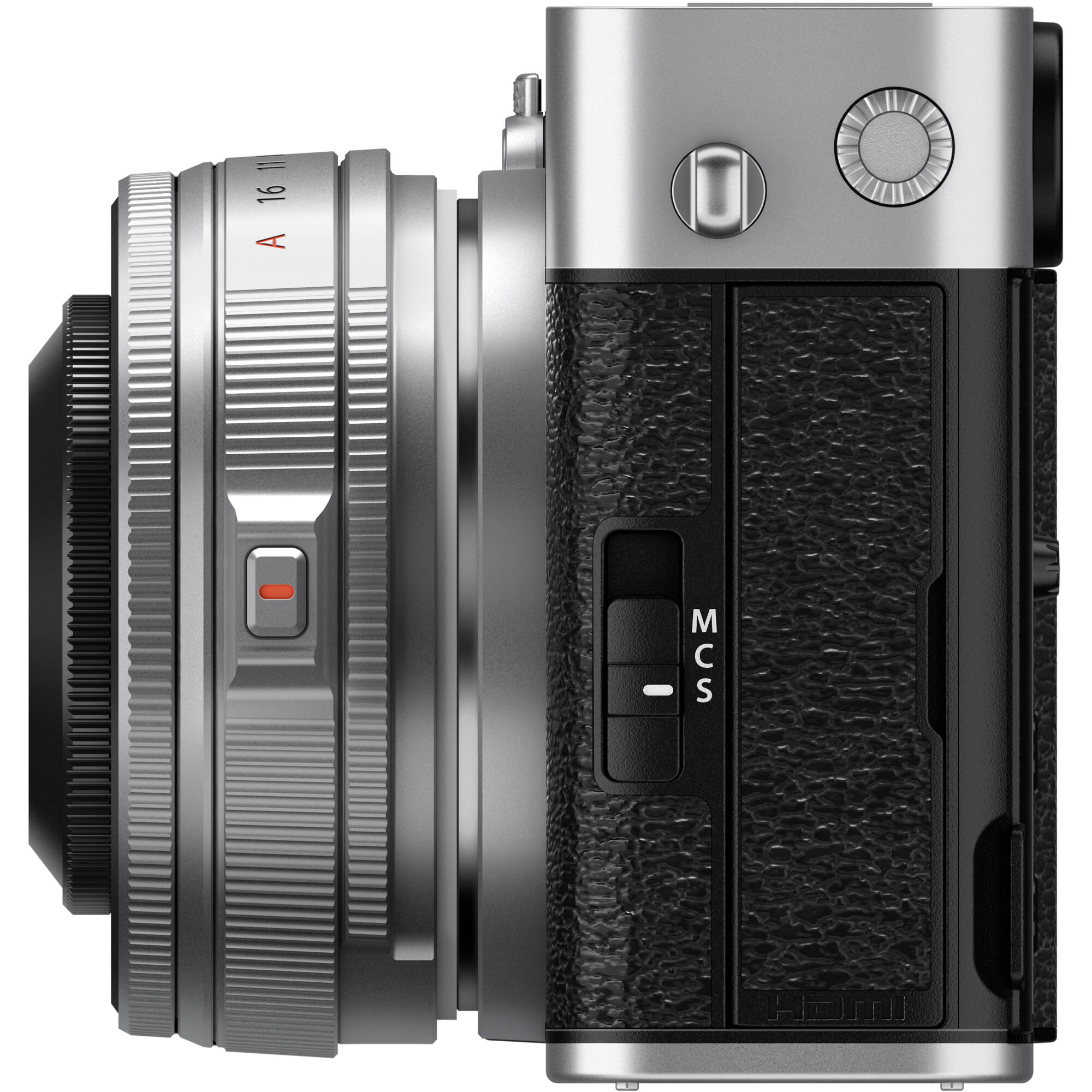 Fujifilm X-E5 silver mirrorless camera with XF 23mm f/2.8 R WR compact weather-resistant pancake lens, 40.2MP APS-C sensor, fast autofocus, and 6.2K video recording
