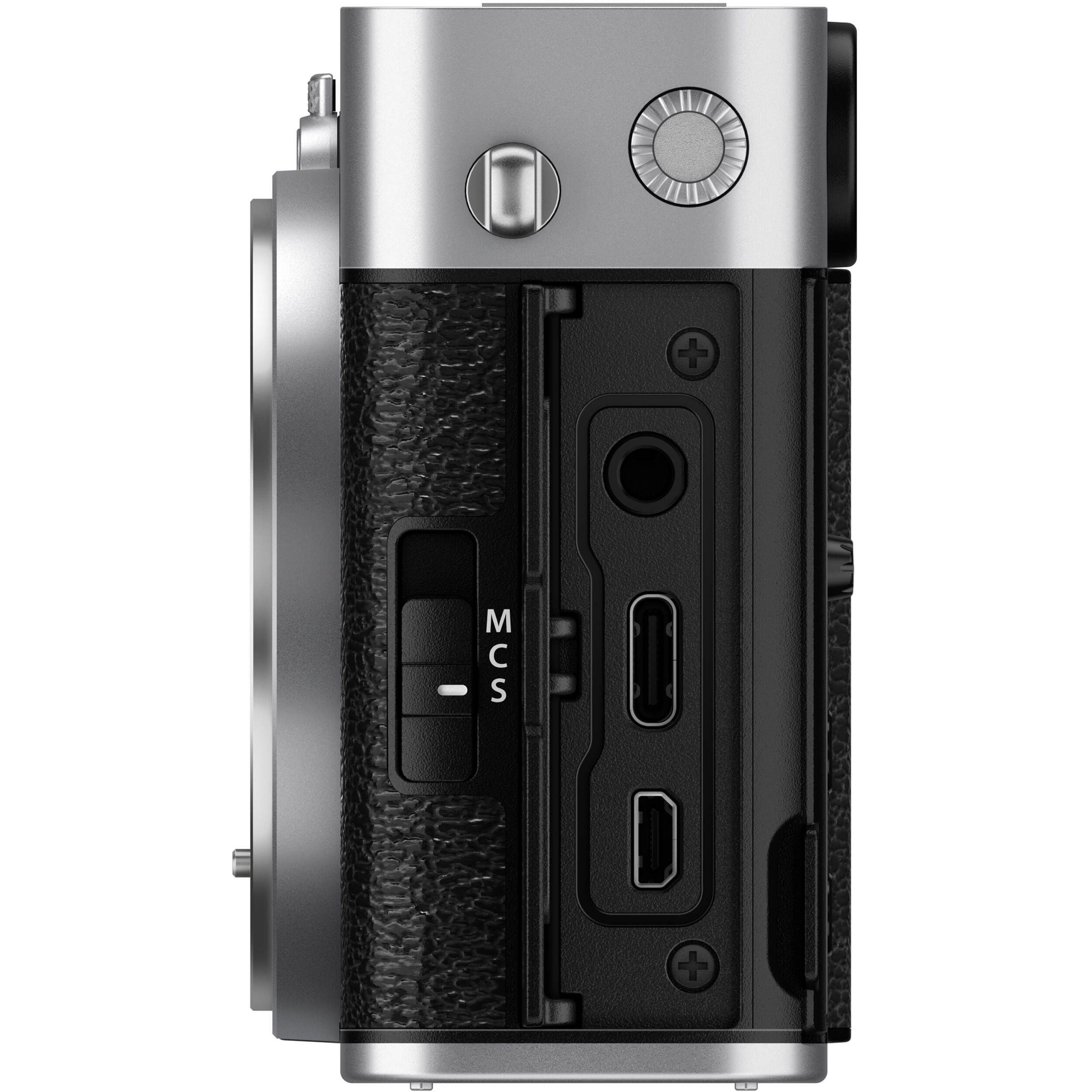 Fujifilm X-E5 silver mirrorless camera with XF 23mm f/2.8 R WR compact weather-resistant pancake lens, 40.2MP APS-C sensor, fast autofocus, and 6.2K video recording