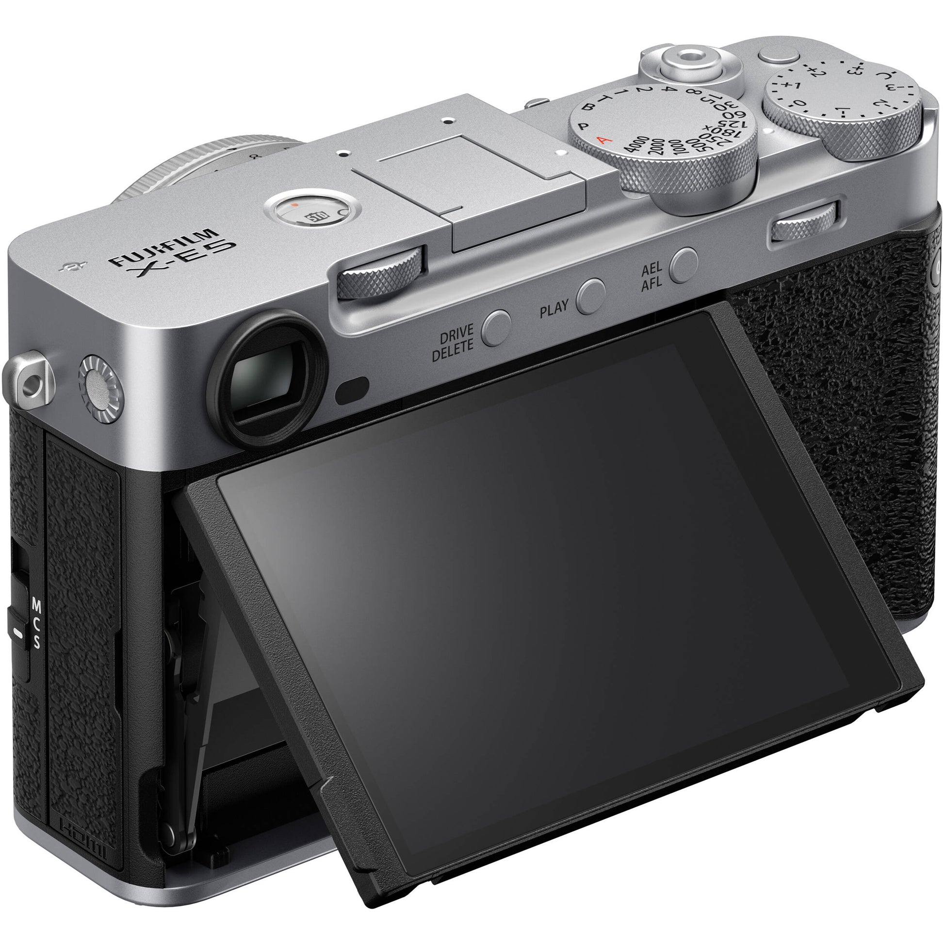 Fujifilm X-E5 silver mirrorless camera with 40.2MP APS-C X-Trans CMOS 5 HR sensor, 7-stop in-body image stabilization, advanced autofocus, and 6.2K video recording