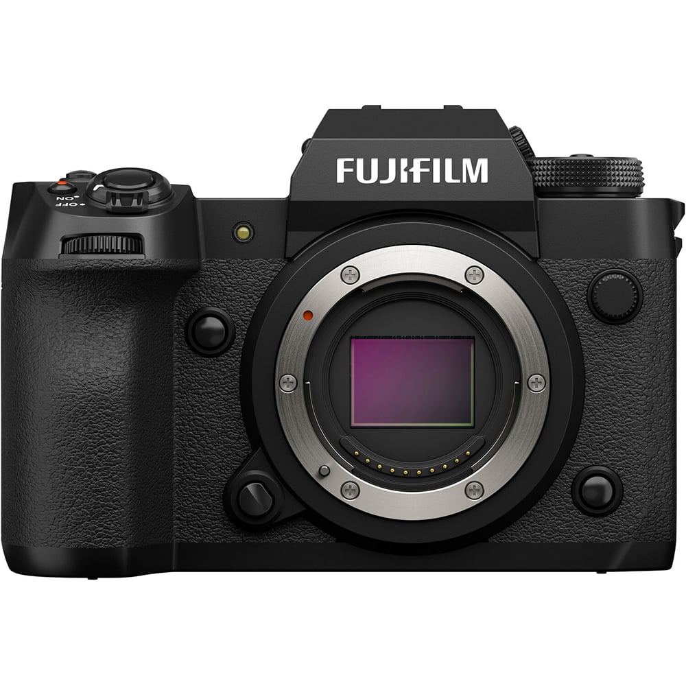 Fujifilm X‑H2 mirrorless camera body in black, featuring a robust APS‑C mount design with grip, vari-angle touchscreen, top-panel status LCD, and electronic viewfinder.