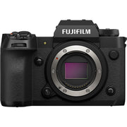 Fujifilm X‑H2 mirrorless camera body in black, featuring a robust APS‑C mount design with grip, vari-angle touchscreen, top-panel status LCD, and electronic viewfinder.