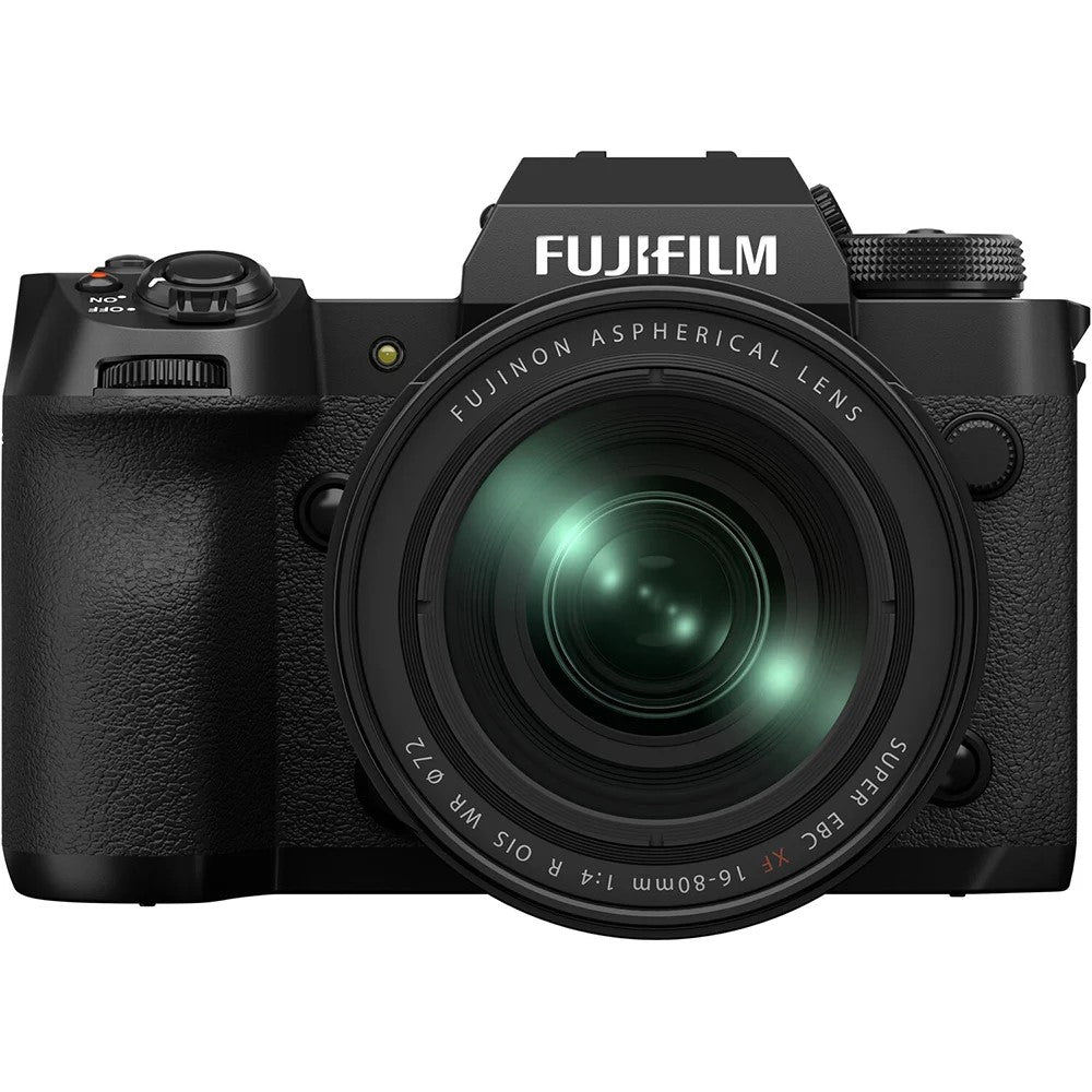 Fujifilm X‑H2 mirrorless camera kit in black with XF 16–80 mm lens attached, featuring vari-angle touchscreen, textured grip, and electronic viewfinder.