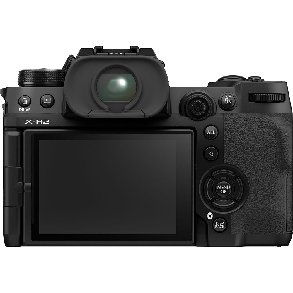 Fujifilm X‑H2 mirrorless camera kit in black with XF 16–80 mm lens attached, featuring vari-angle touchscreen, textured grip, and electronic viewfinder.