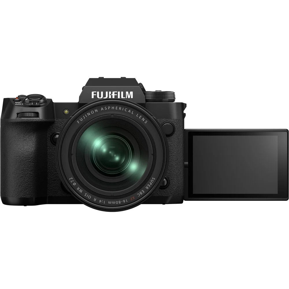 Fujifilm X‑H2 mirrorless camera kit in black with XF 16–80 mm lens attached, featuring vari-angle touchscreen, textured grip, and electronic viewfinder.