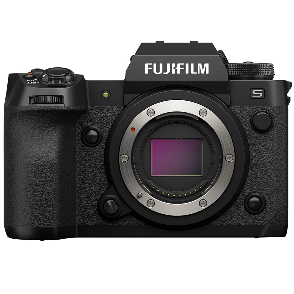 Fujifilm X‑H2S mirrorless camera body in black with textured grip, topline monochrome LCD, vari-angle touchscreen flipped out, and high-resolution electronic viewfinder.