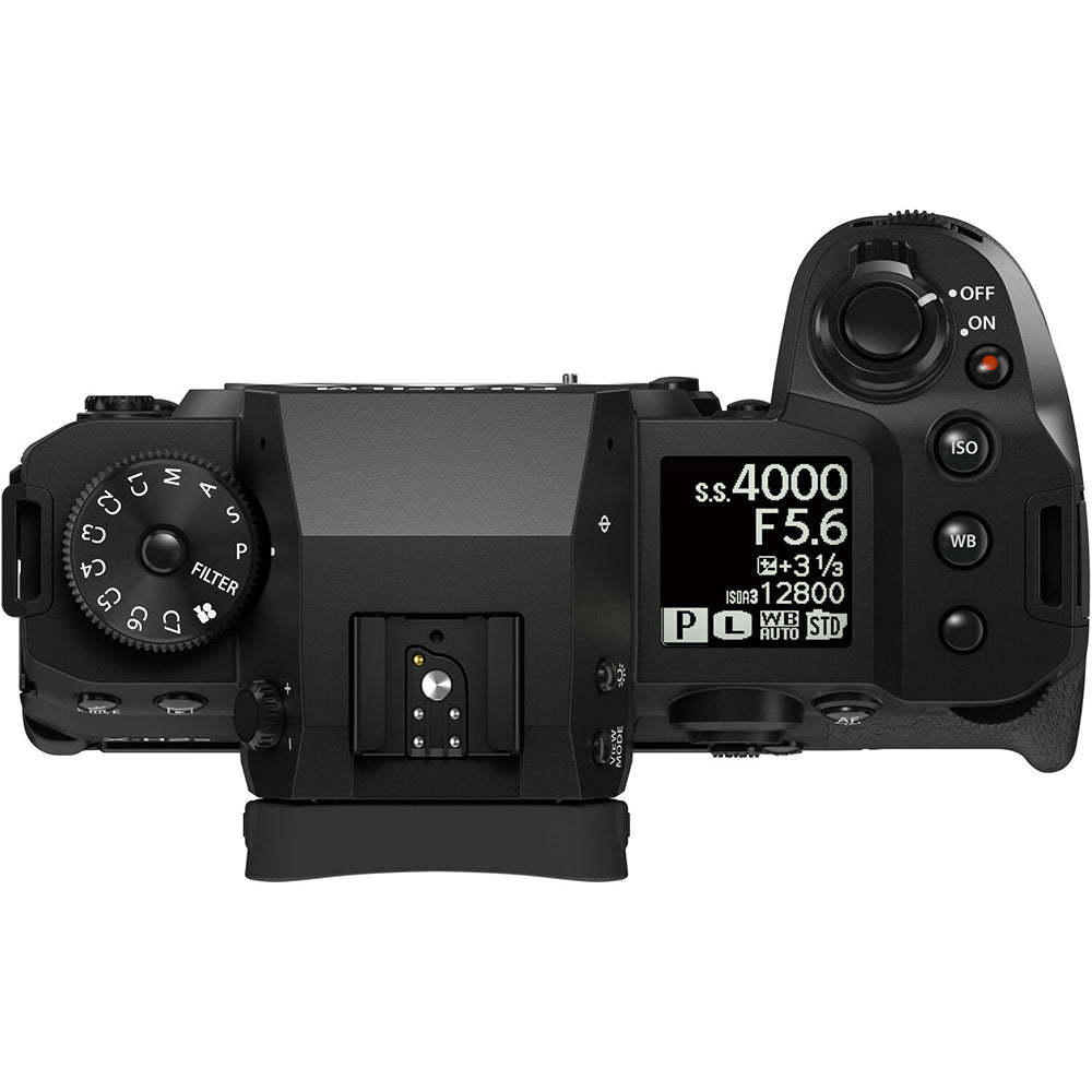 Fujifilm X‑H2S mirrorless camera body in black with textured grip, topline monochrome LCD, vari-angle touchscreen flipped out, and high-resolution electronic viewfinder.