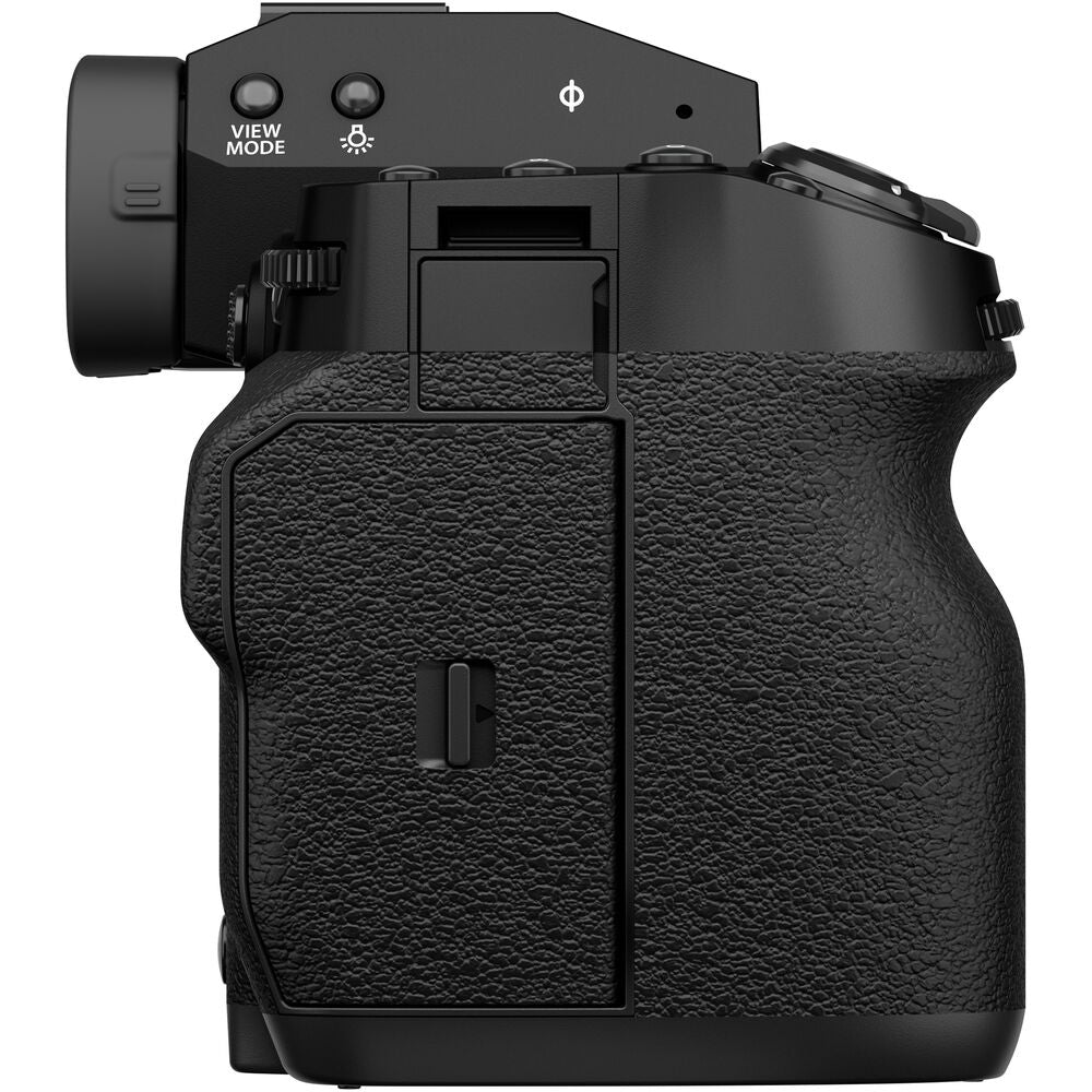 Fujifilm X‑H2S mirrorless camera body in black with textured grip, topline monochrome LCD, vari-angle touchscreen flipped out, and high-resolution electronic viewfinder.
