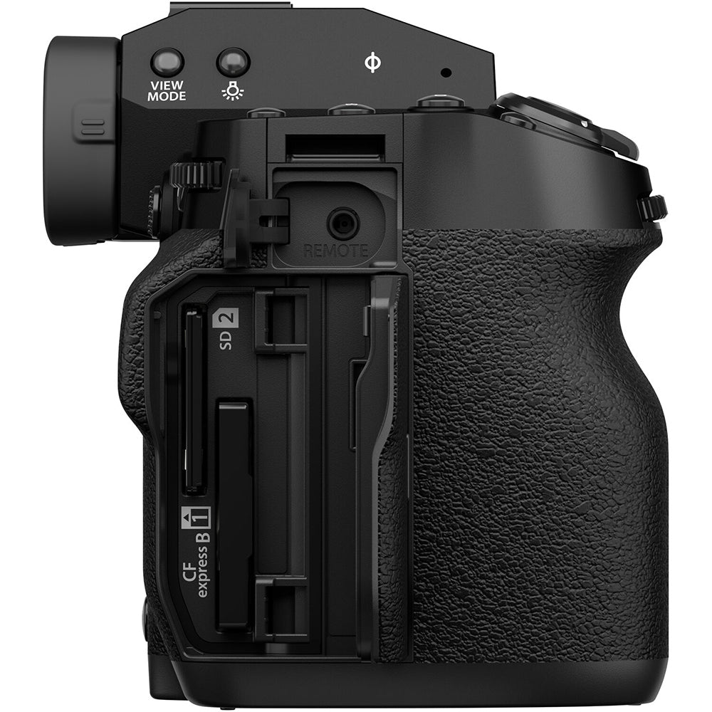 Fujifilm X‑H2S mirrorless camera body in black with textured grip, topline monochrome LCD, vari-angle touchscreen flipped out, and high-resolution electronic viewfinder.