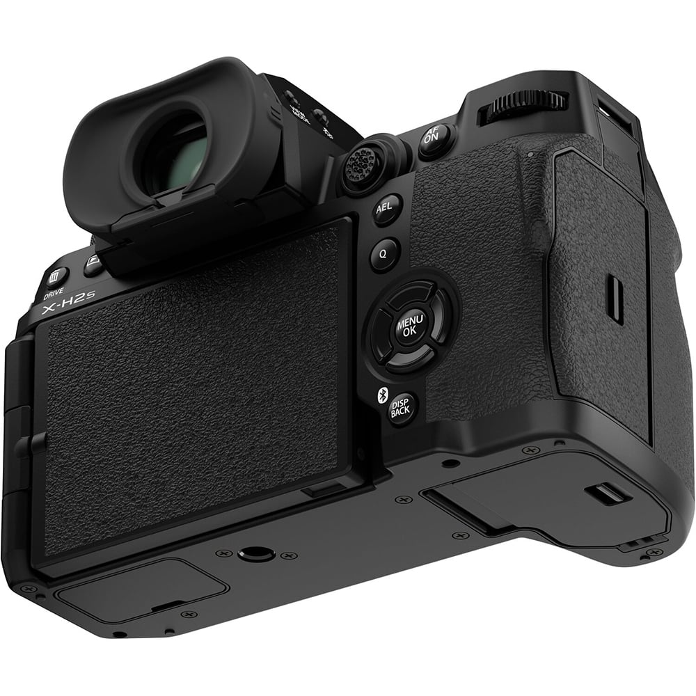 Fujifilm X‑H2S mirrorless camera body in black with textured grip, topline monochrome LCD, vari-angle touchscreen flipped out, and high-resolution electronic viewfinder.