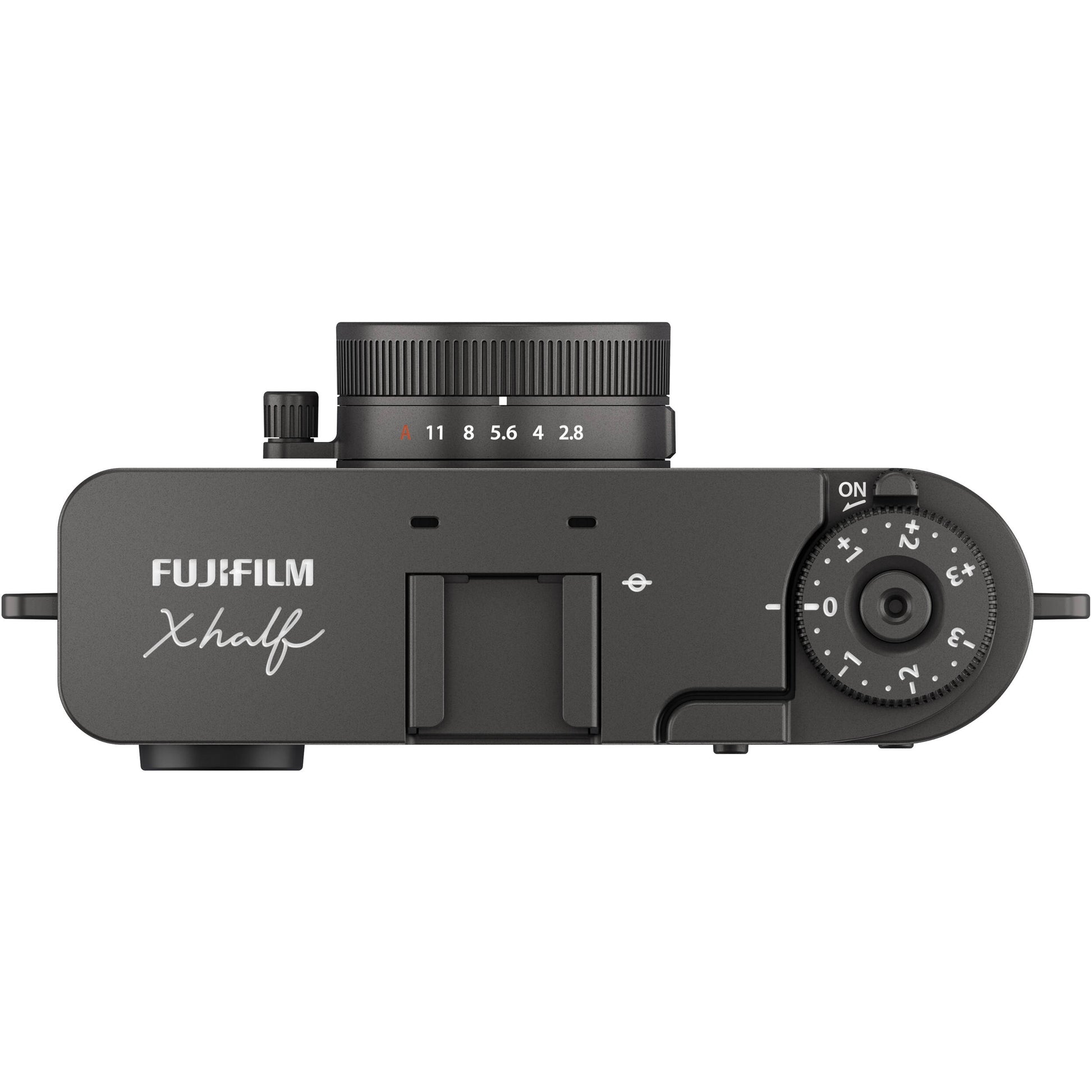 Fujifilm X half charcoal silver compact digital camera with 1-inch vertical sensor, 32mm-equivalent lens, optical viewfinder, and touchscreen optimized for vertical photography