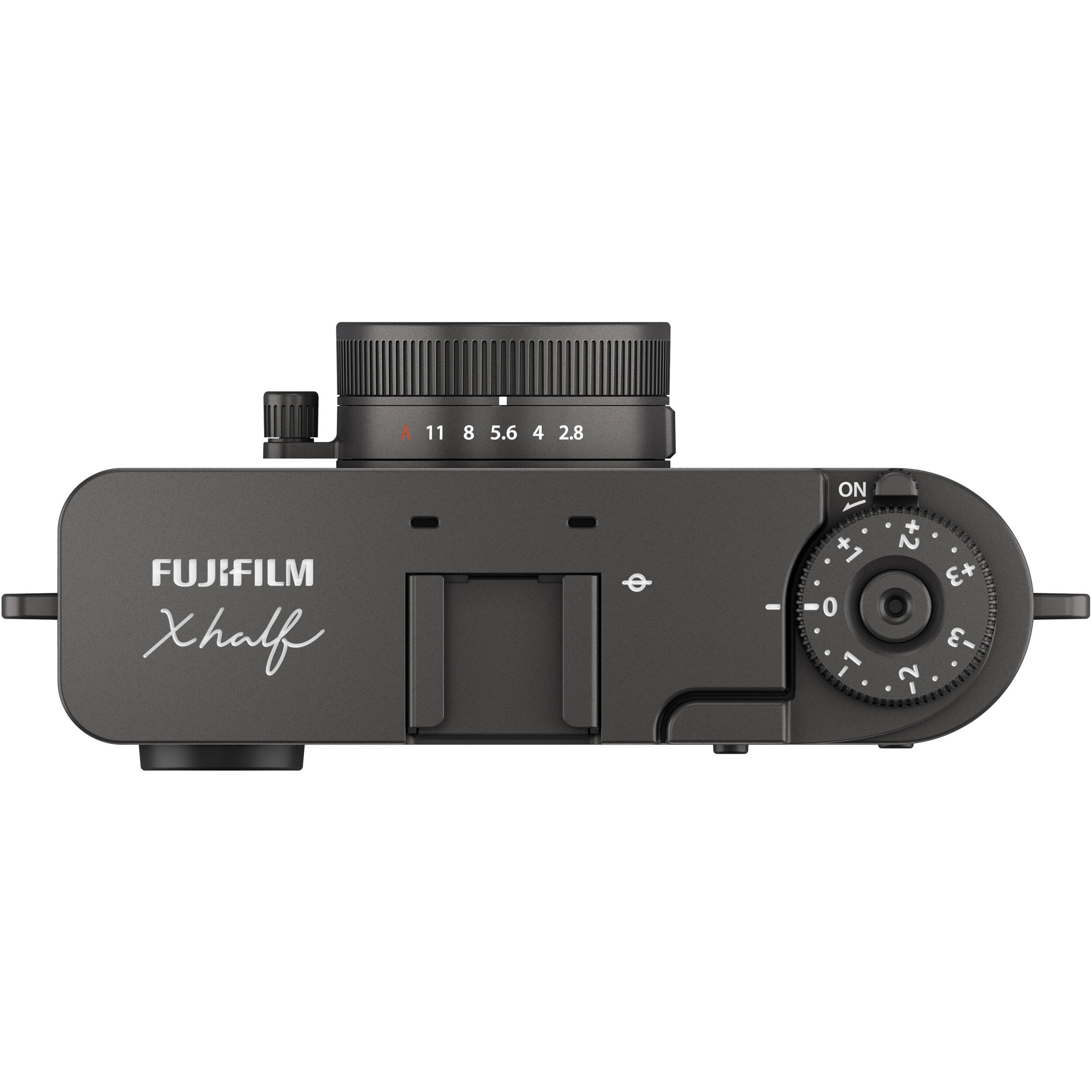 Fujifilm X half charcoal silver compact digital camera with 1-inch vertical sensor, 32mm-equivalent lens, optical viewfinder, and touchscreen optimized for vertical photography