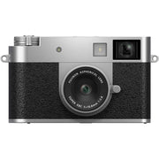 Fujifilm X half silver compact digital camera featuring 1-inch vertical sensor, 32mm-equivalent lens, optical viewfinder, and 2.4-inch touchscreen optimized for vertical photography